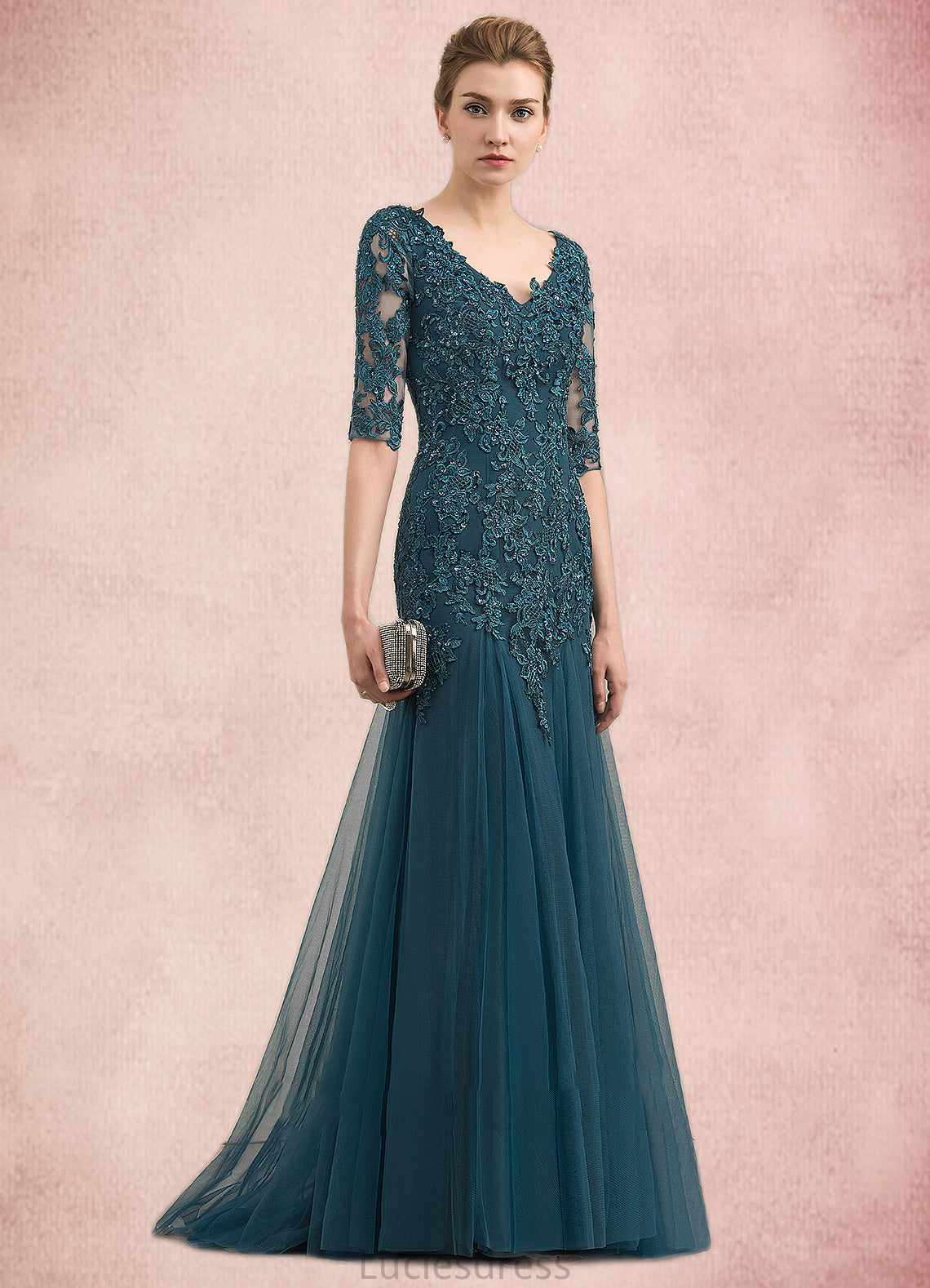 Esmeralda Trumpet/Mermaid V-neck Sweep Train Tulle Lace Mother of the Bride Dress With Beading Sequins HF126P0014804