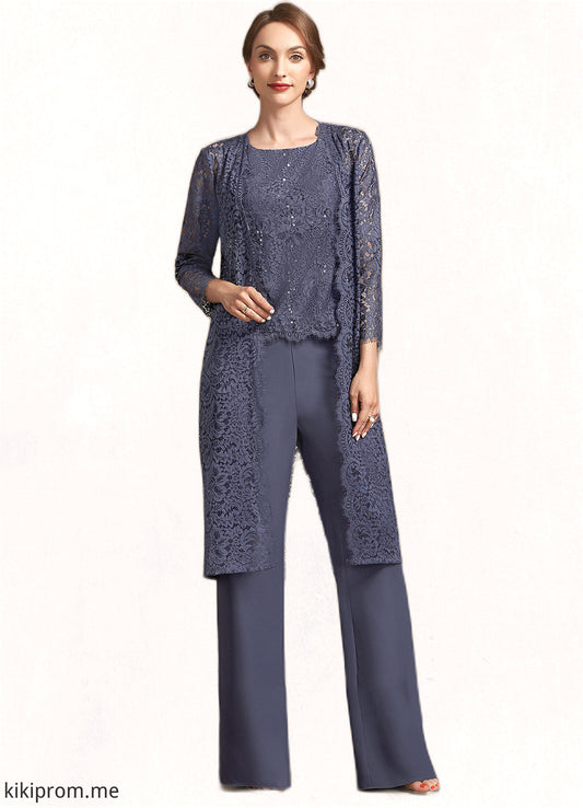 Emery Jumpsuit/Pantsuit Scoop Neck Floor-Length Chiffon Lace Mother of the Bride Dress With Sequins STF126P0014805