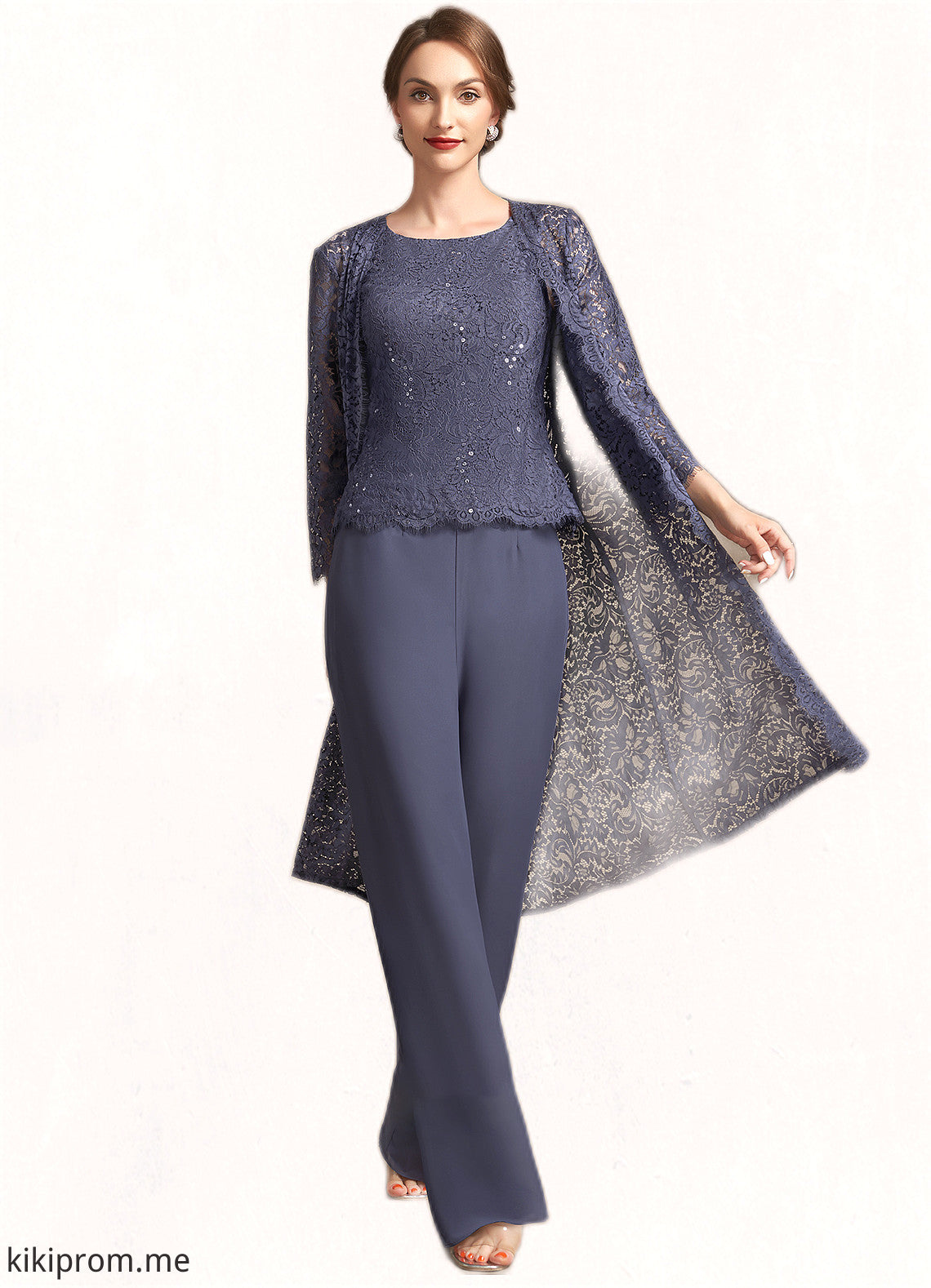 Emery Jumpsuit/Pantsuit Scoop Neck Floor-Length Chiffon Lace Mother of the Bride Dress With Sequins STF126P0014805