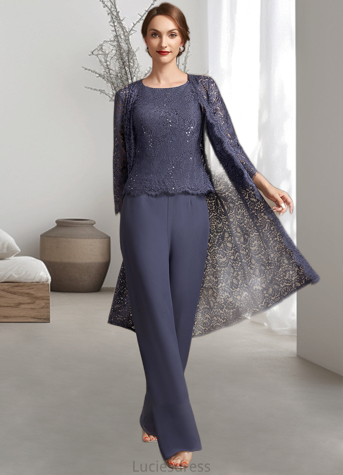 Anne Jumpsuit/Pantsuit Scoop Neck Floor-Length Chiffon Lace Mother of the Bride Dress With Sequins HF126P0014805