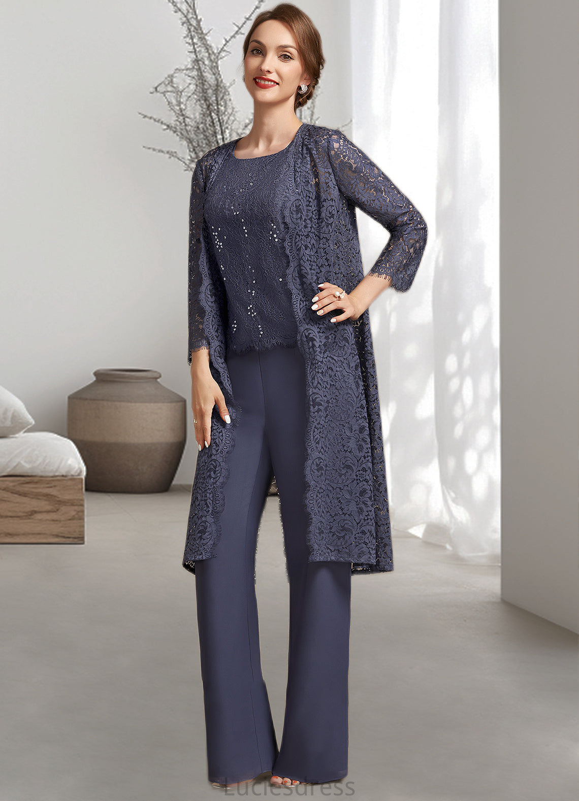 Anne Jumpsuit/Pantsuit Scoop Neck Floor-Length Chiffon Lace Mother of the Bride Dress With Sequins HF126P0014805