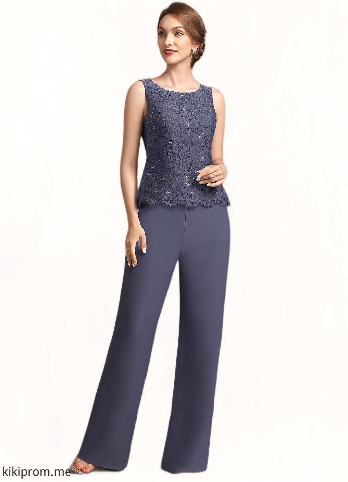 Emery Jumpsuit/Pantsuit Scoop Neck Floor-Length Chiffon Lace Mother of the Bride Dress With Sequins STF126P0014805