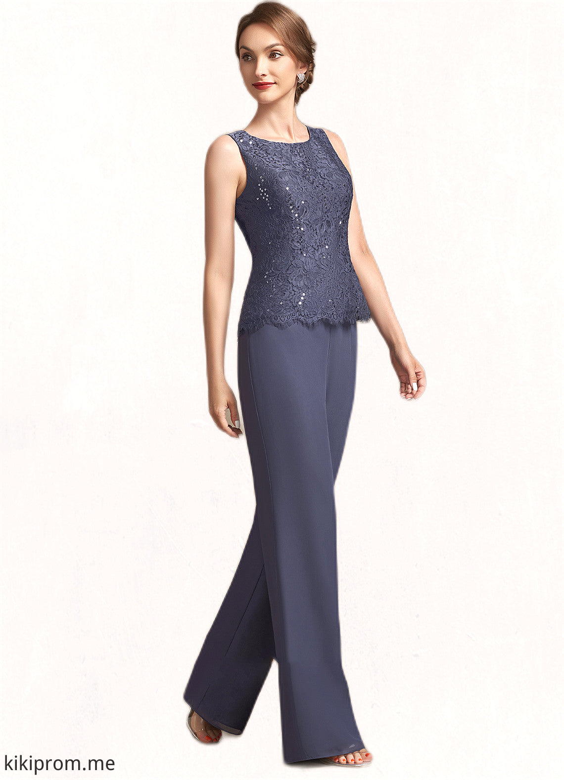 Emery Jumpsuit/Pantsuit Scoop Neck Floor-Length Chiffon Lace Mother of the Bride Dress With Sequins STF126P0014805