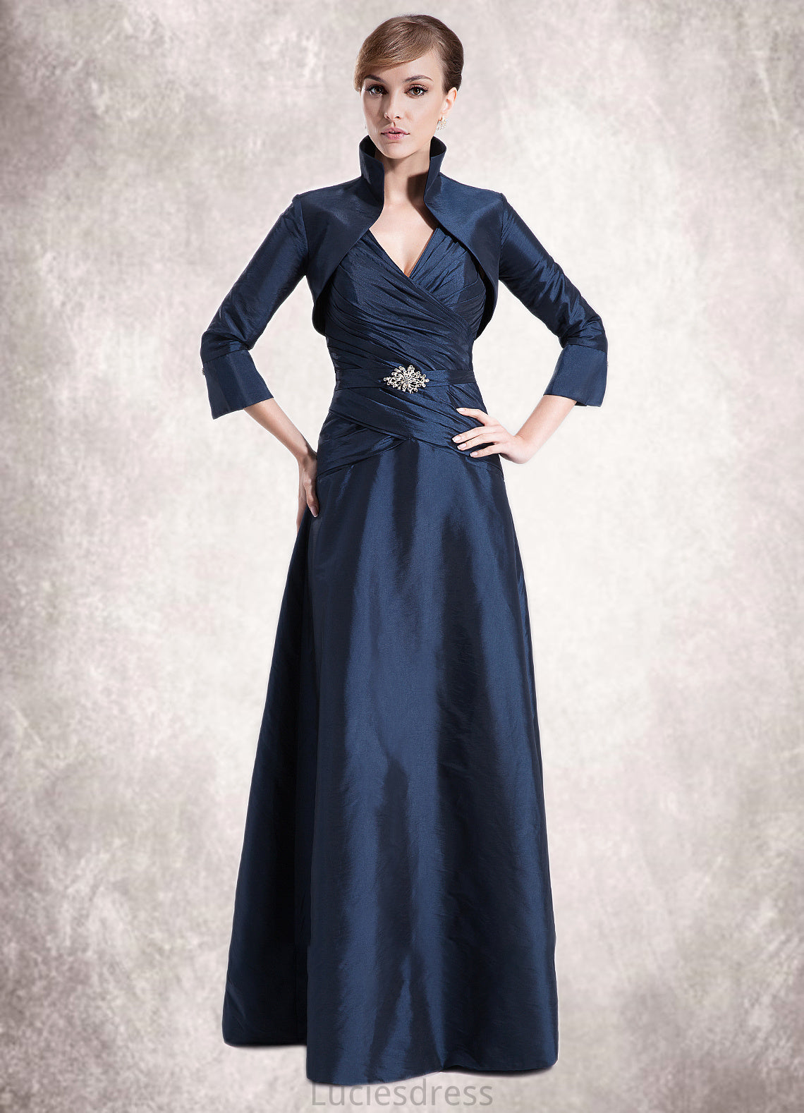 Scarlett A-Line V-neck Floor-Length Taffeta Mother of the Bride Dress With Ruffle Beading HF126P0014807