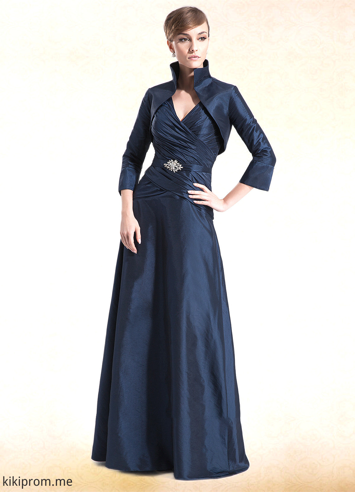 Noelle A-Line V-neck Floor-Length Taffeta Mother of the Bride Dress With Ruffle Beading STF126P0014807