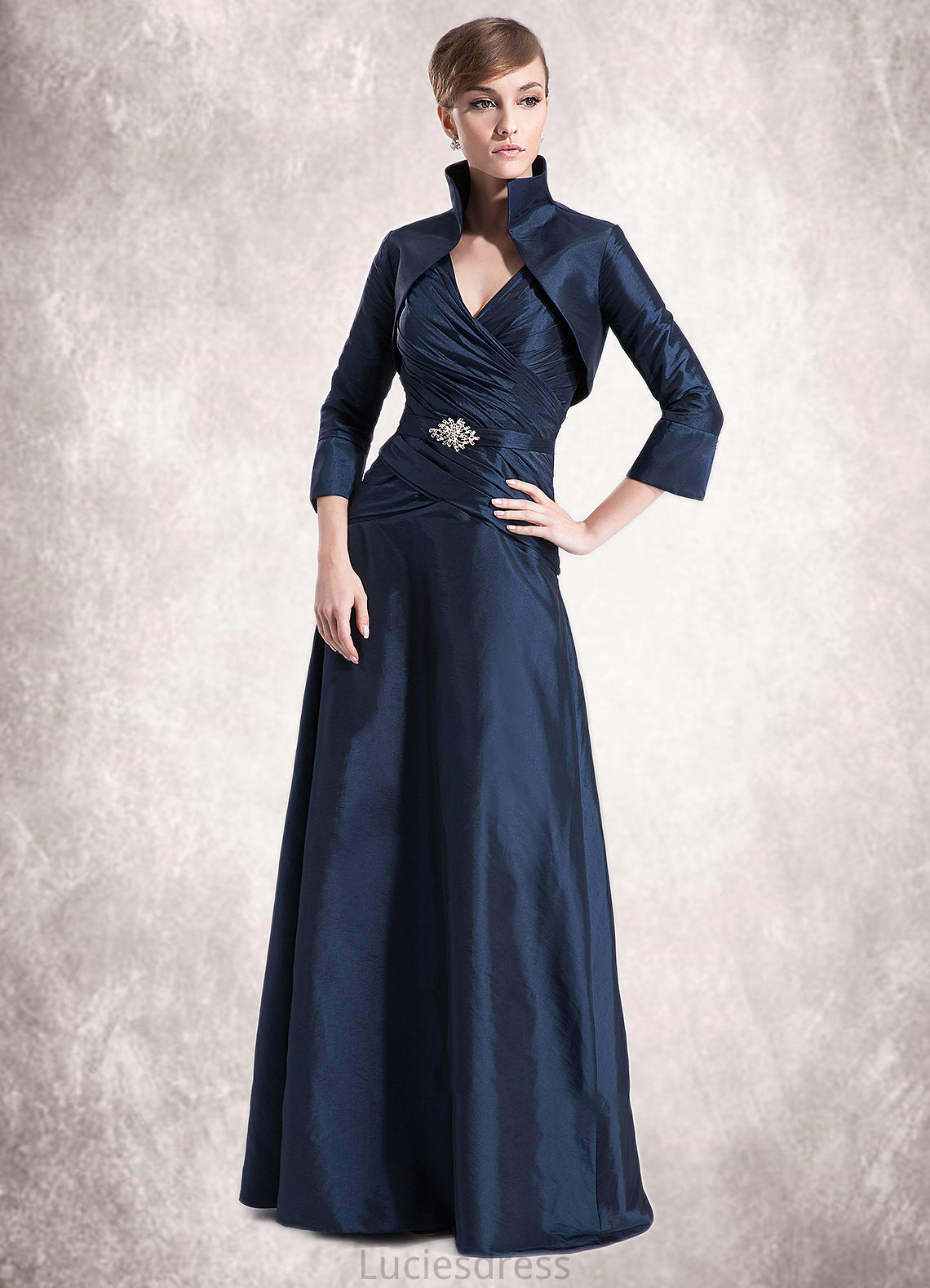 Scarlett A-Line V-neck Floor-Length Taffeta Mother of the Bride Dress With Ruffle Beading HF126P0014807