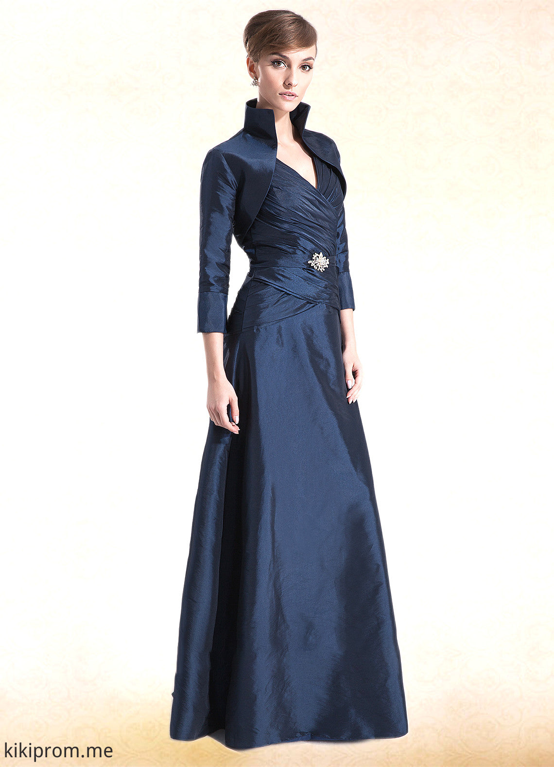 Noelle A-Line V-neck Floor-Length Taffeta Mother of the Bride Dress With Ruffle Beading STF126P0014807