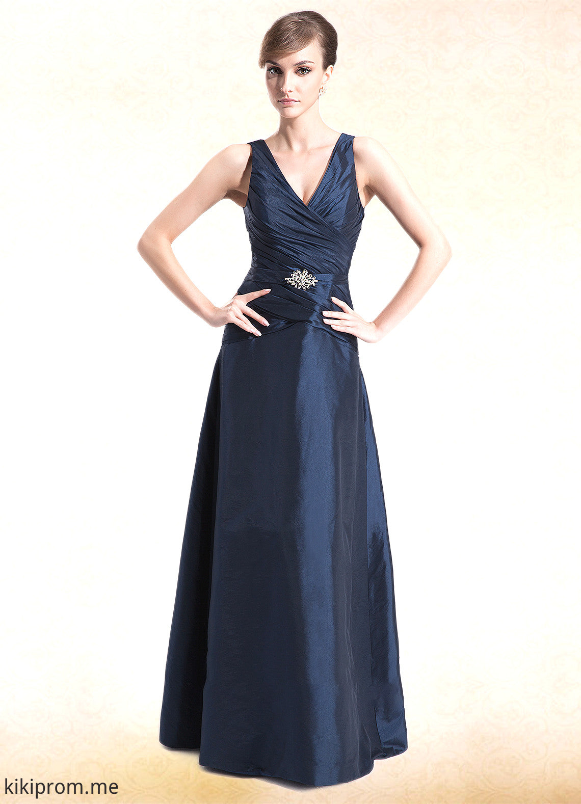 Noelle A-Line V-neck Floor-Length Taffeta Mother of the Bride Dress With Ruffle Beading STF126P0014807