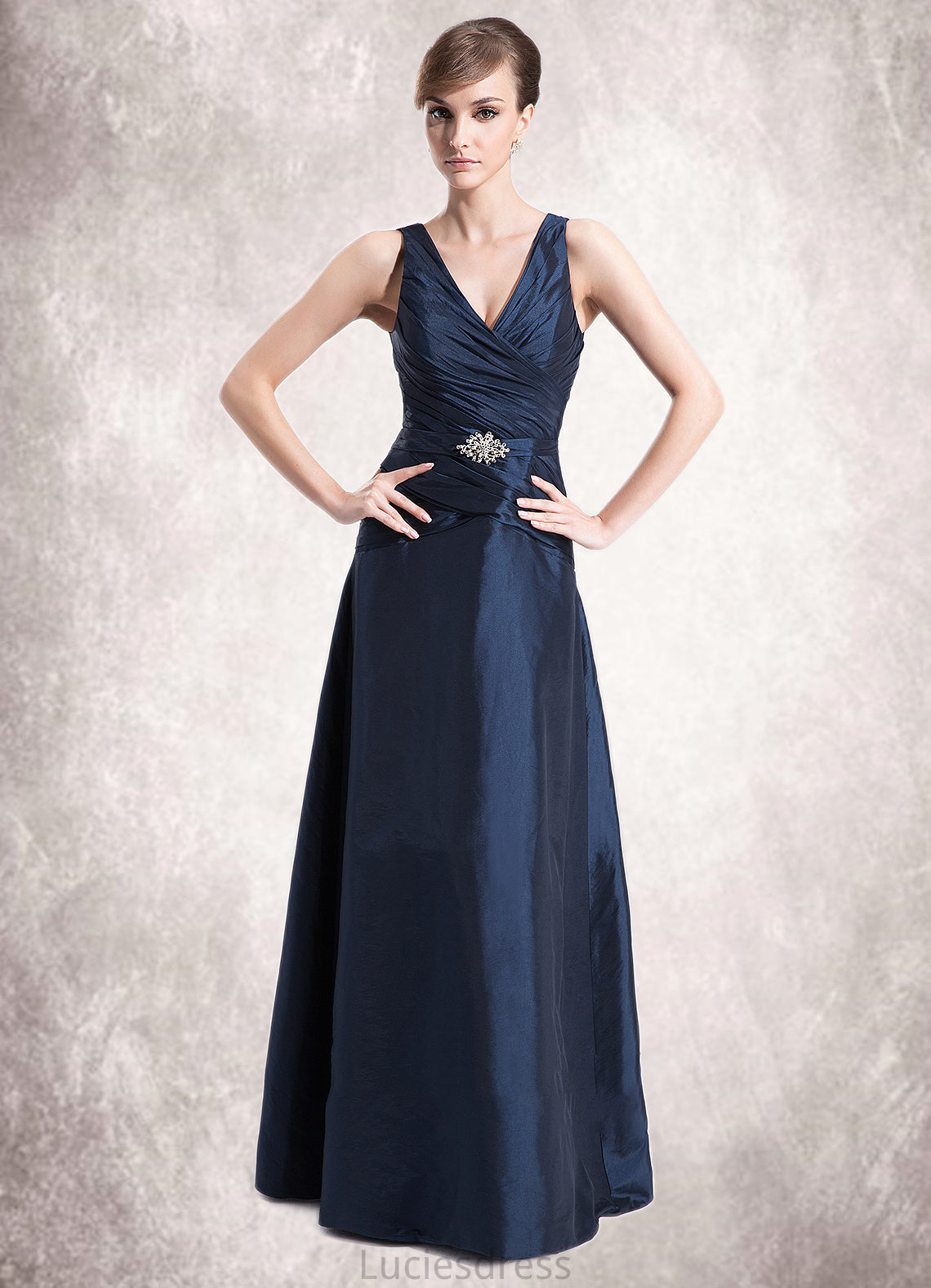 Scarlett A-Line V-neck Floor-Length Taffeta Mother of the Bride Dress With Ruffle Beading HF126P0014807