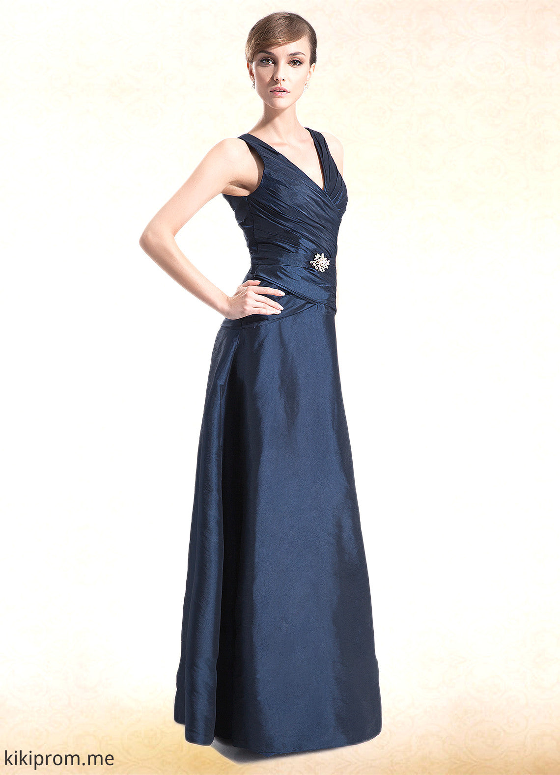 Noelle A-Line V-neck Floor-Length Taffeta Mother of the Bride Dress With Ruffle Beading STF126P0014807