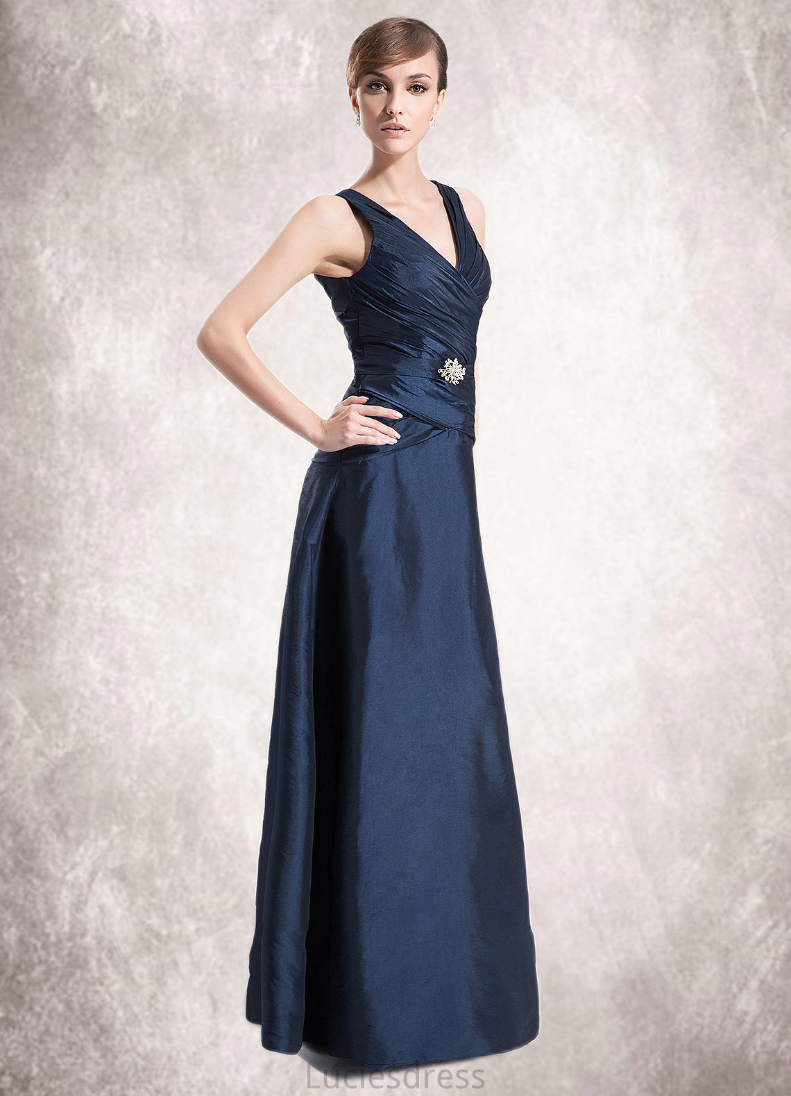 Scarlett A-Line V-neck Floor-Length Taffeta Mother of the Bride Dress With Ruffle Beading HF126P0014807