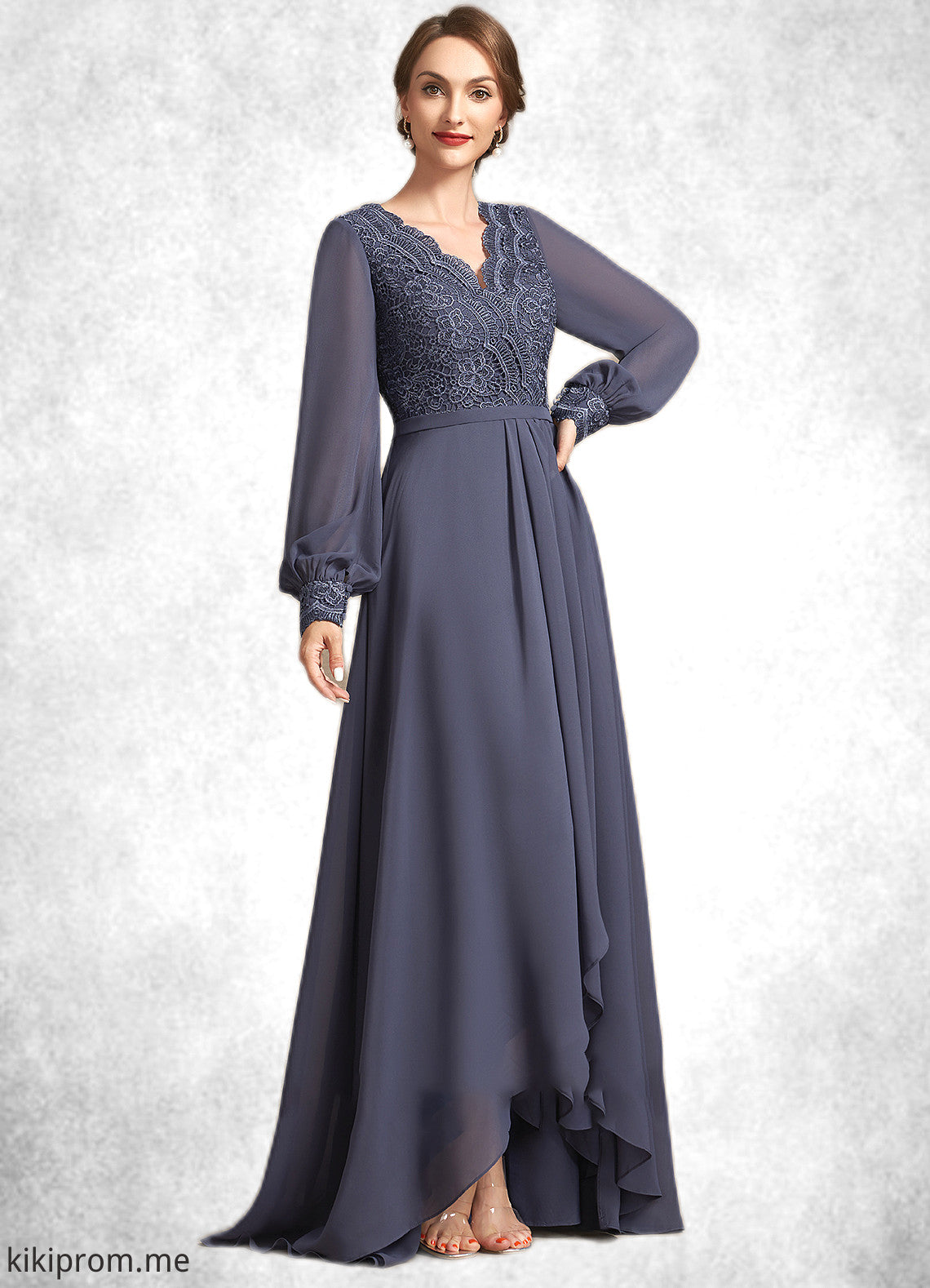 Toni A-Line V-neck Asymmetrical Chiffon Lace Mother of the Bride Dress STF126P0014809