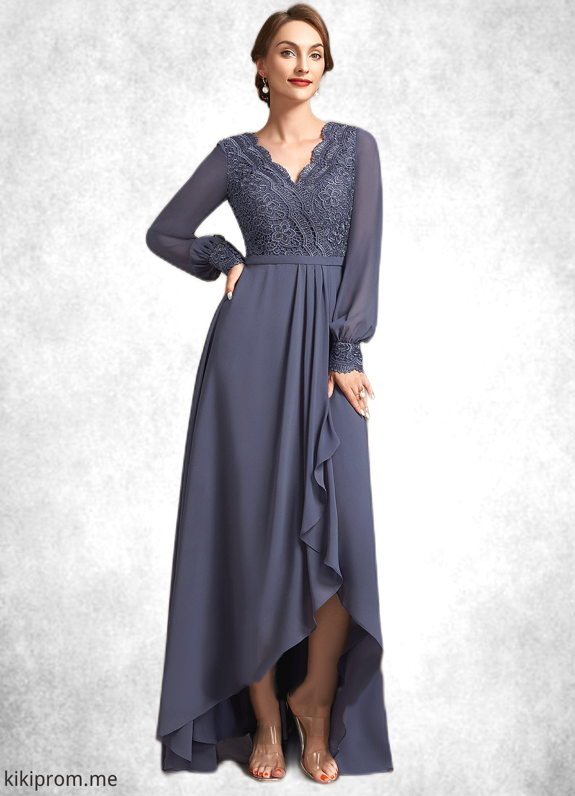 Toni A-Line V-neck Asymmetrical Chiffon Lace Mother of the Bride Dress STF126P0014809