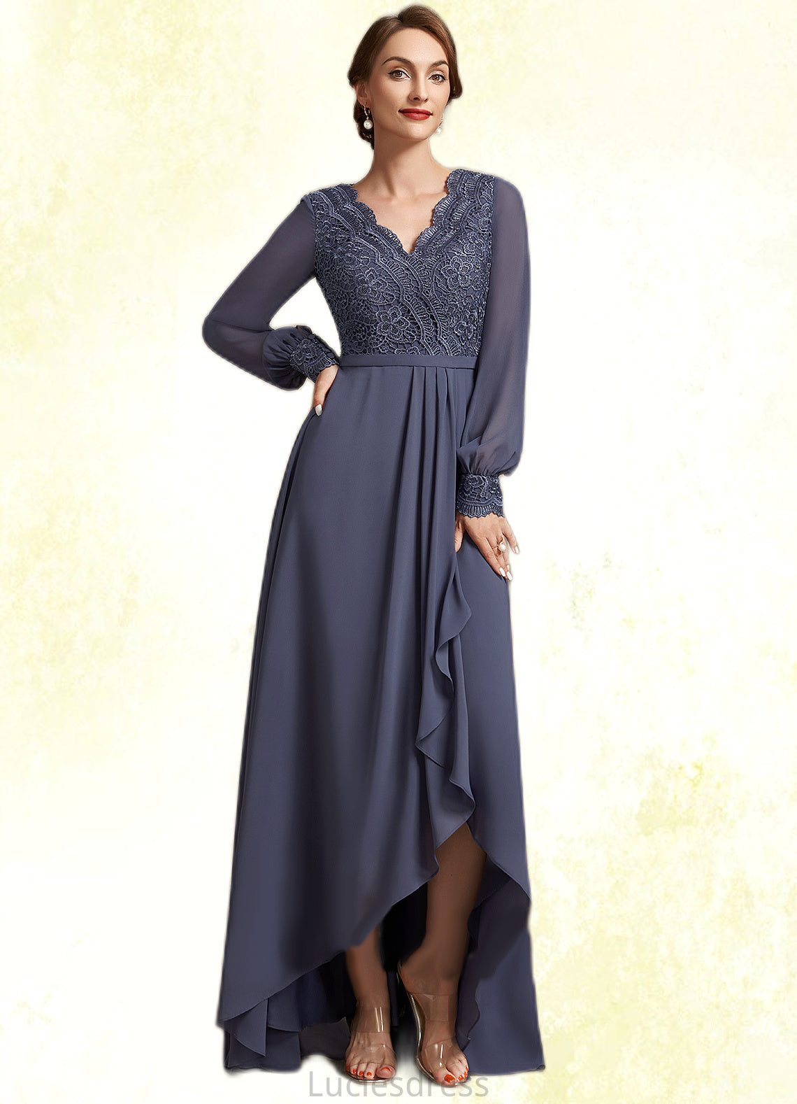 Madelyn A-Line V-neck Asymmetrical Chiffon Lace Mother of the Bride Dress HF126P0014809