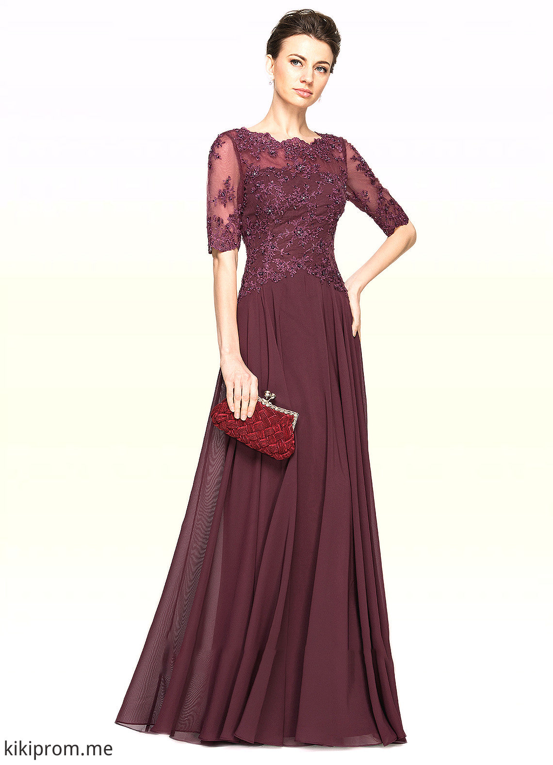 Fatima A-Line Scoop Neck Floor-Length Chiffon Lace Mother of the Bride Dress With Beading Sequins STF126P0014810