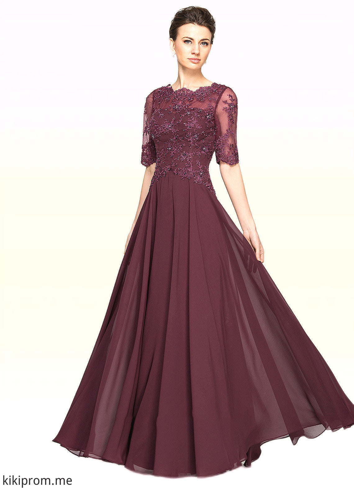 Fatima A-Line Scoop Neck Floor-Length Chiffon Lace Mother of the Bride Dress With Beading Sequins STF126P0014810