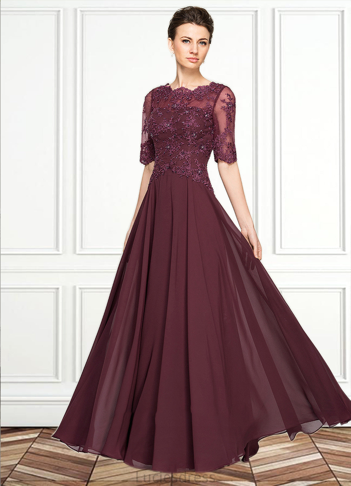 Adrienne A-Line Scoop Neck Floor-Length Chiffon Lace Mother of the Bride Dress With Beading Sequins HF126P0014810