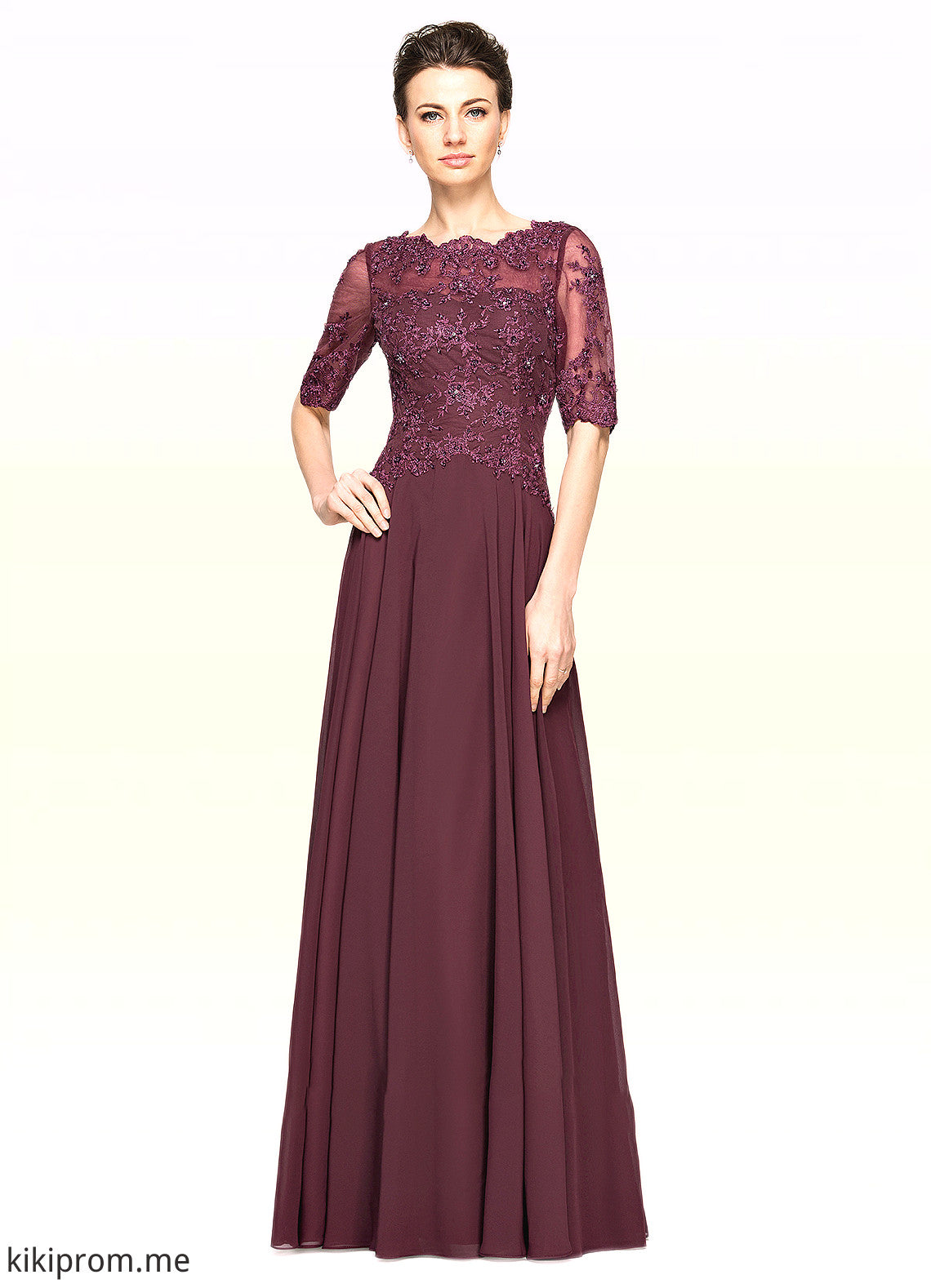 Fatima A-Line Scoop Neck Floor-Length Chiffon Lace Mother of the Bride Dress With Beading Sequins STF126P0014810