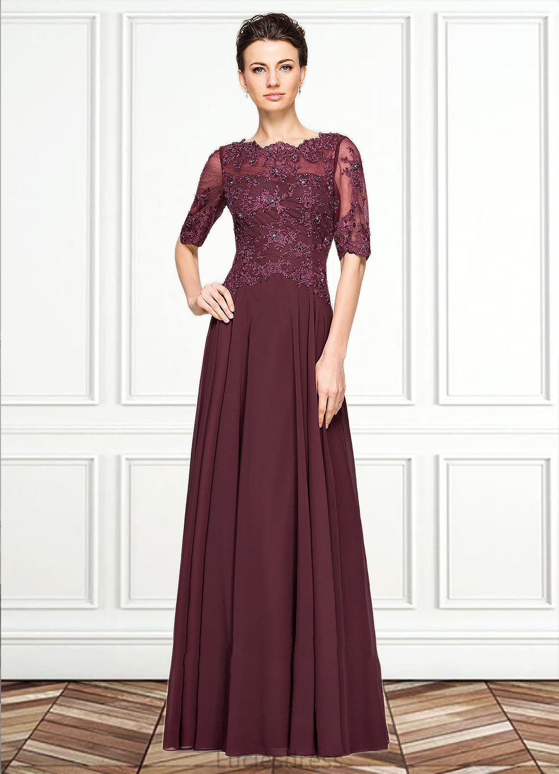 Adrienne A-Line Scoop Neck Floor-Length Chiffon Lace Mother of the Bride Dress With Beading Sequins HF126P0014810