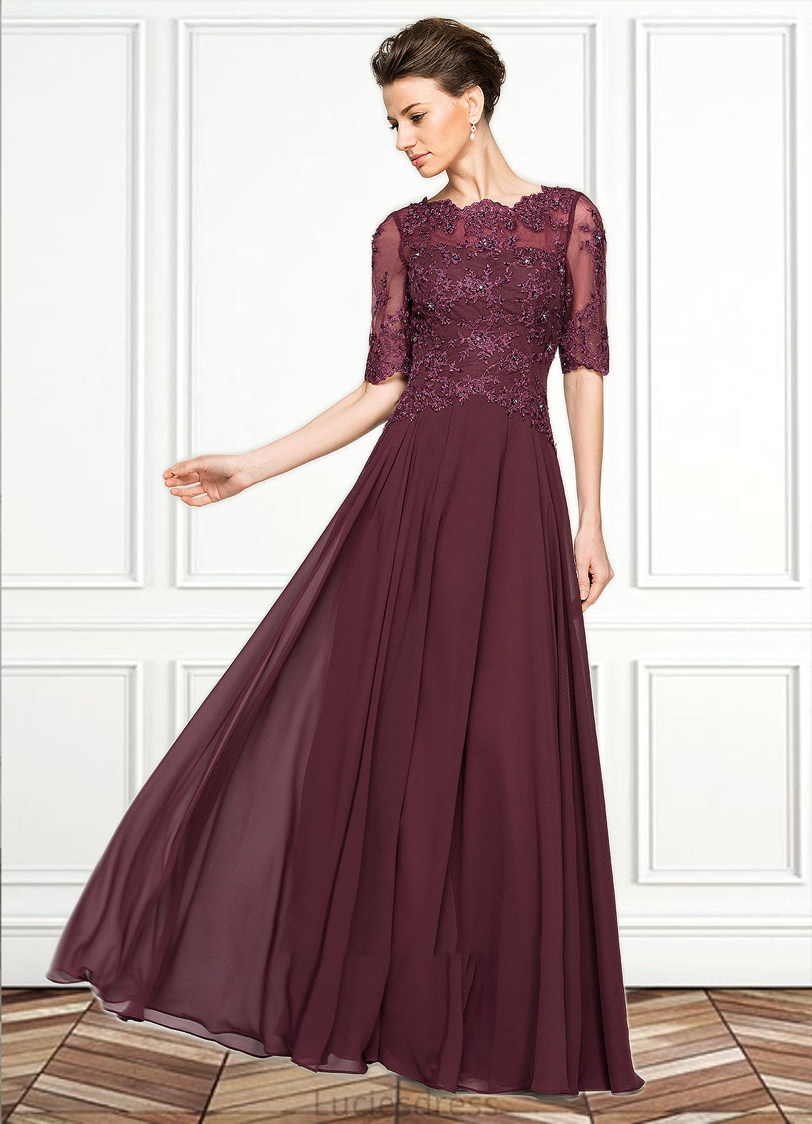 Adrienne A-Line Scoop Neck Floor-Length Chiffon Lace Mother of the Bride Dress With Beading Sequins HF126P0014810