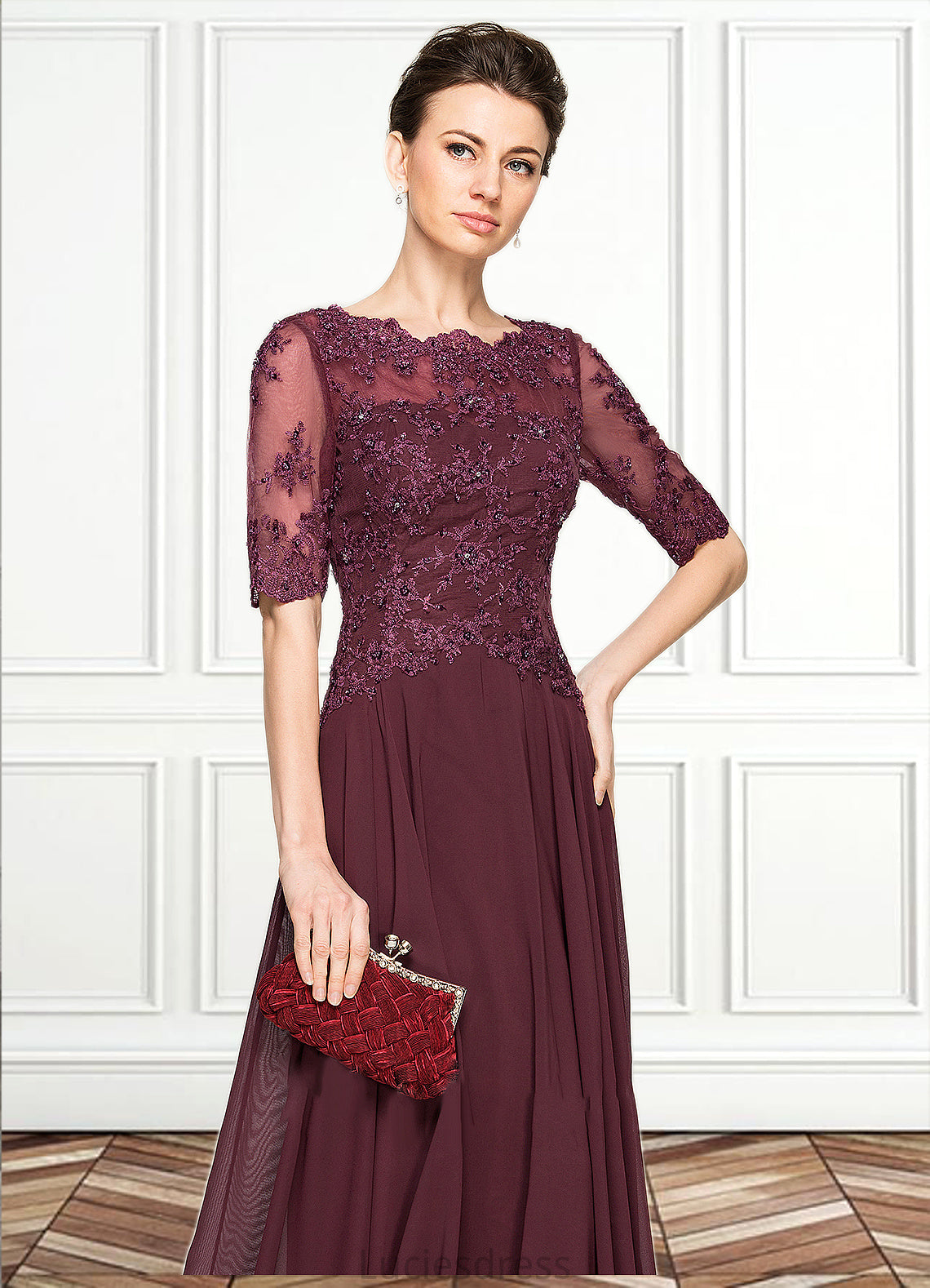 Adrienne A-Line Scoop Neck Floor-Length Chiffon Lace Mother of the Bride Dress With Beading Sequins HF126P0014810