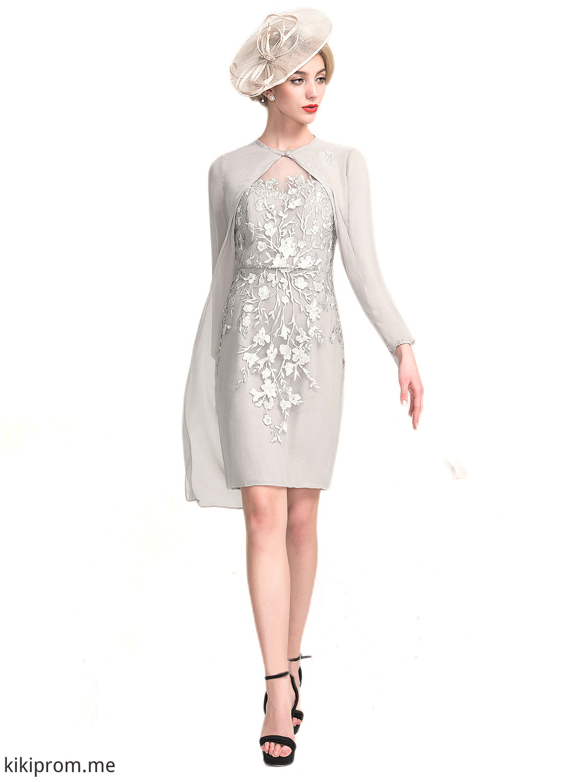 Mabel Sheath/Column Scoop Neck Knee-Length Chiffon Lace Mother of the Bride Dress With Beading Sequins STF126P0014811