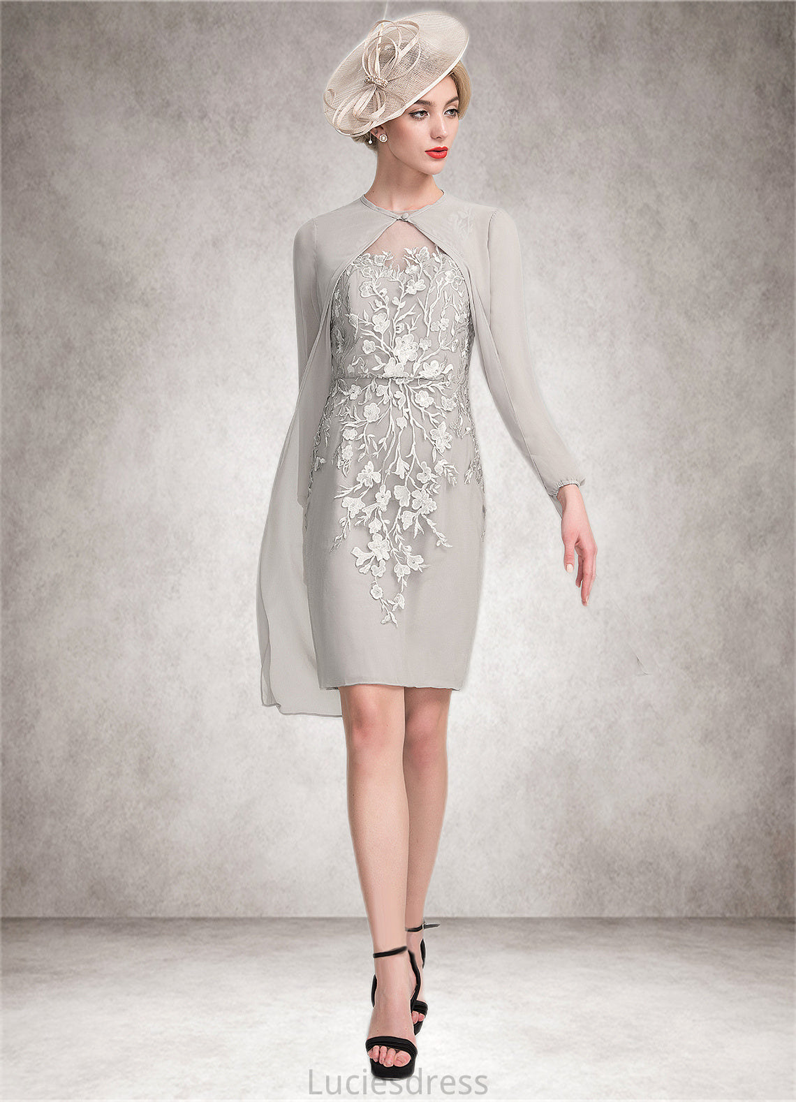 Everleigh Sheath/Column Scoop Neck Knee-Length Chiffon Lace Mother of the Bride Dress With Beading Sequins HF126P0014811