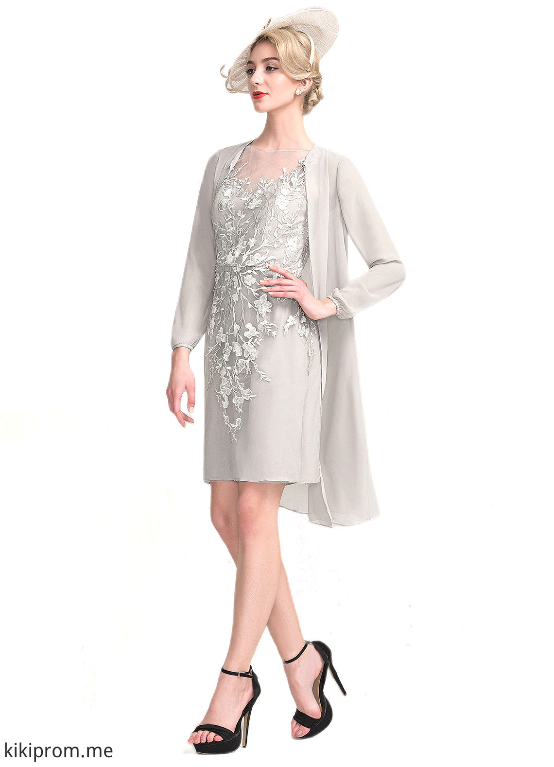 Mabel Sheath/Column Scoop Neck Knee-Length Chiffon Lace Mother of the Bride Dress With Beading Sequins STF126P0014811