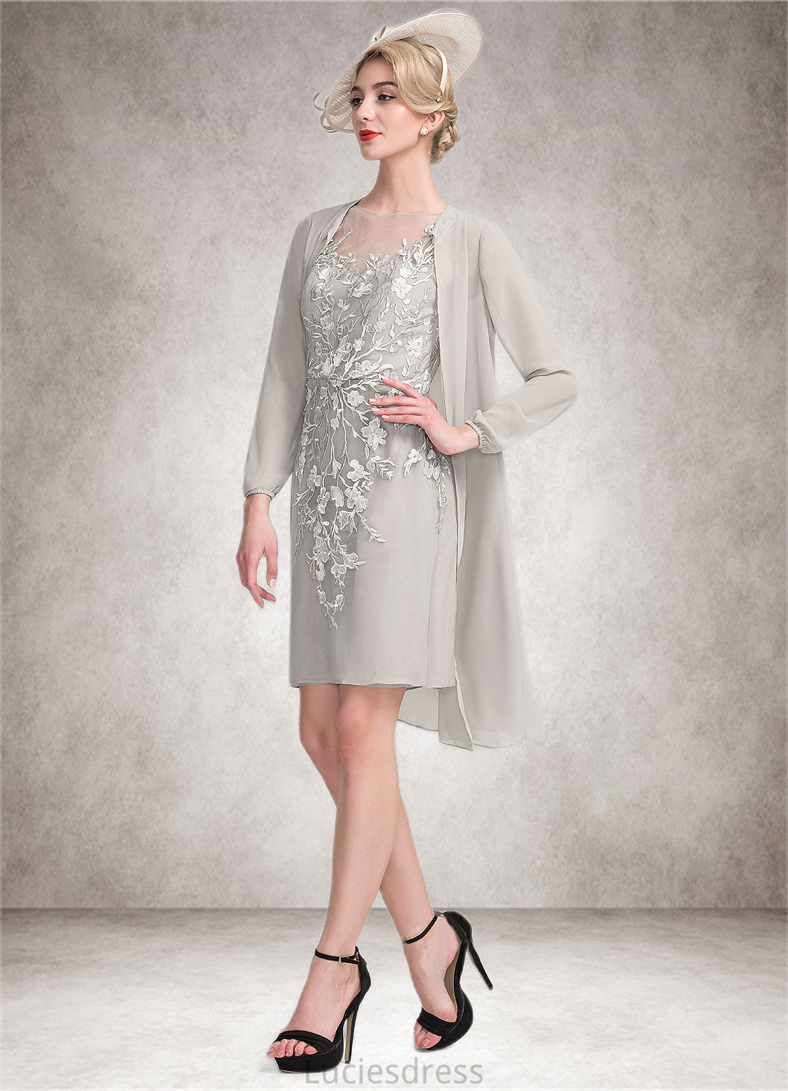 Everleigh Sheath/Column Scoop Neck Knee-Length Chiffon Lace Mother of the Bride Dress With Beading Sequins HF126P0014811