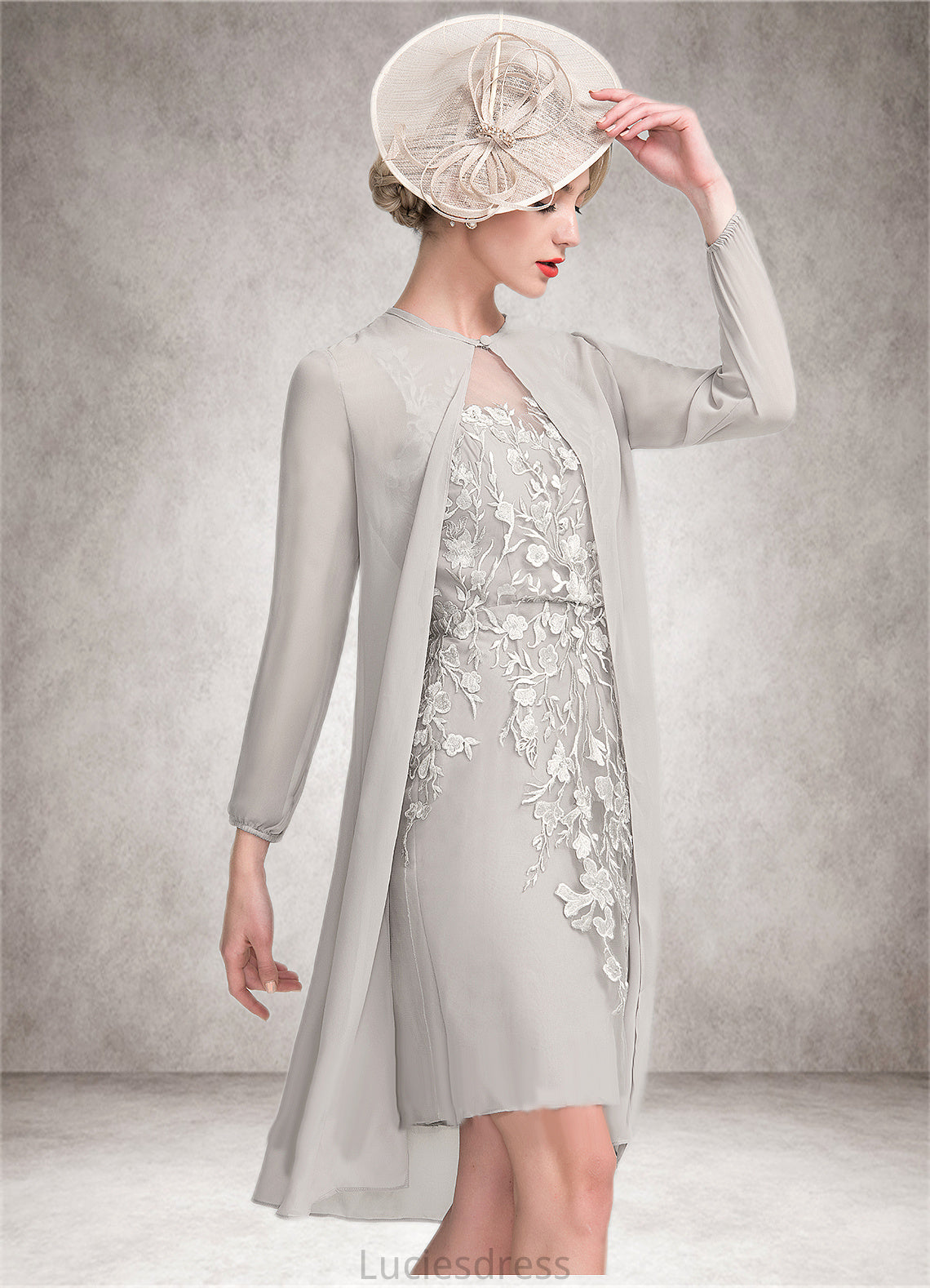 Everleigh Sheath/Column Scoop Neck Knee-Length Chiffon Lace Mother of the Bride Dress With Beading Sequins HF126P0014811