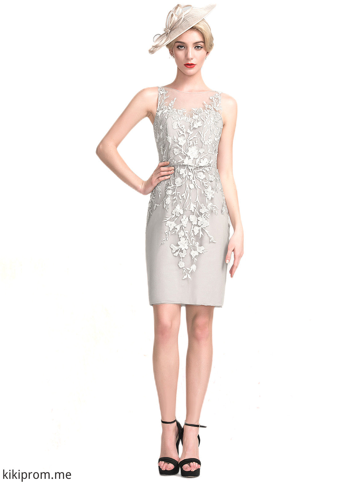 Mabel Sheath/Column Scoop Neck Knee-Length Chiffon Lace Mother of the Bride Dress With Beading Sequins STF126P0014811