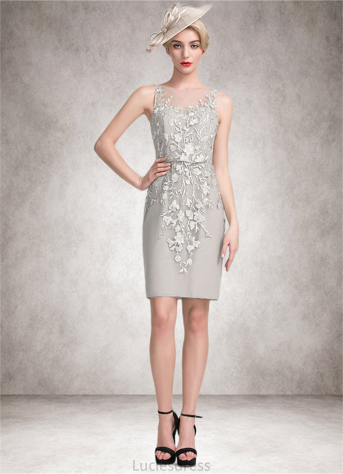 Everleigh Sheath/Column Scoop Neck Knee-Length Chiffon Lace Mother of the Bride Dress With Beading Sequins HF126P0014811