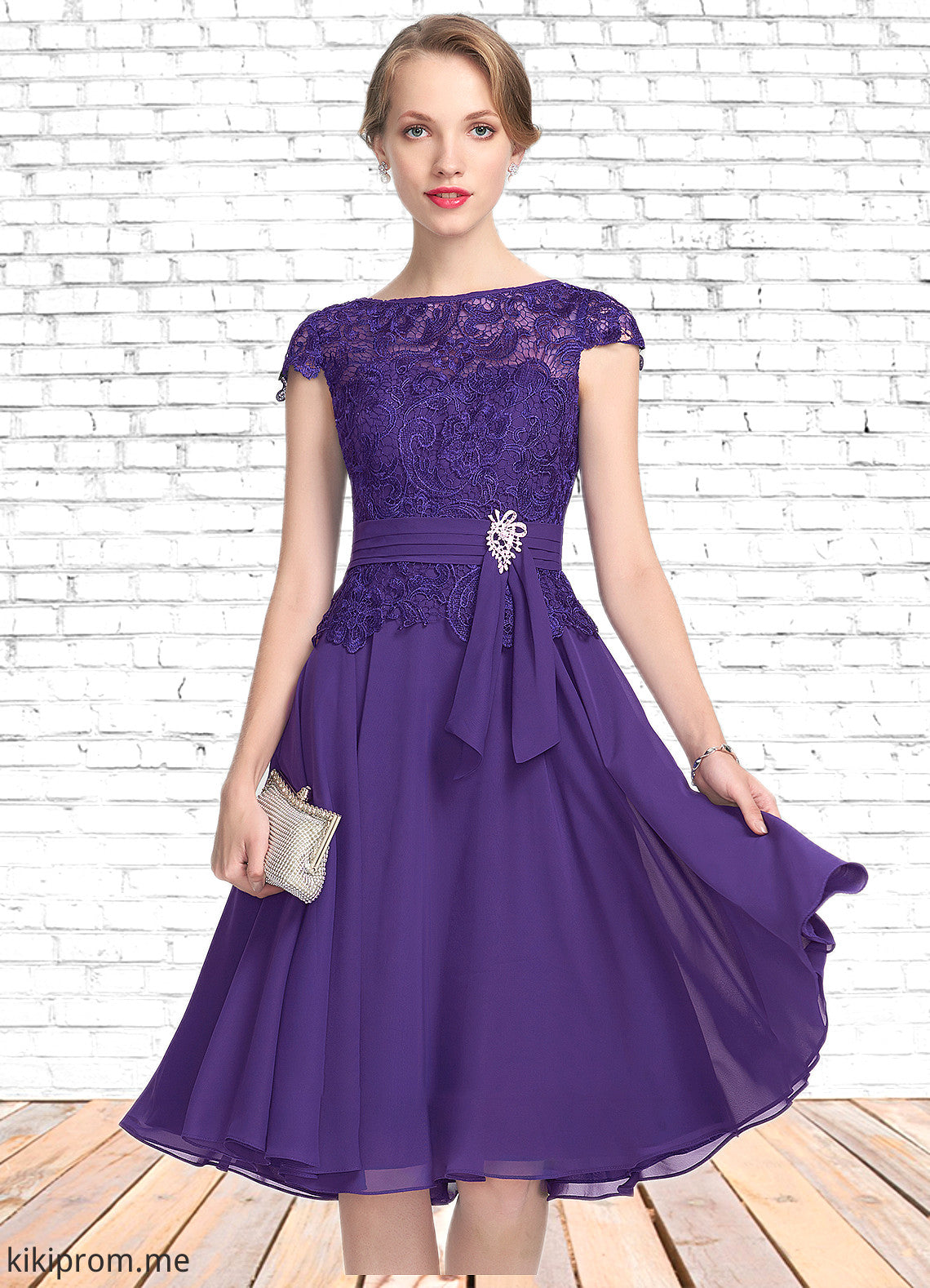 Alondra A-Line Scoop Neck Knee-Length Chiffon Lace Mother of the Bride Dress With Beading STF126P0014814