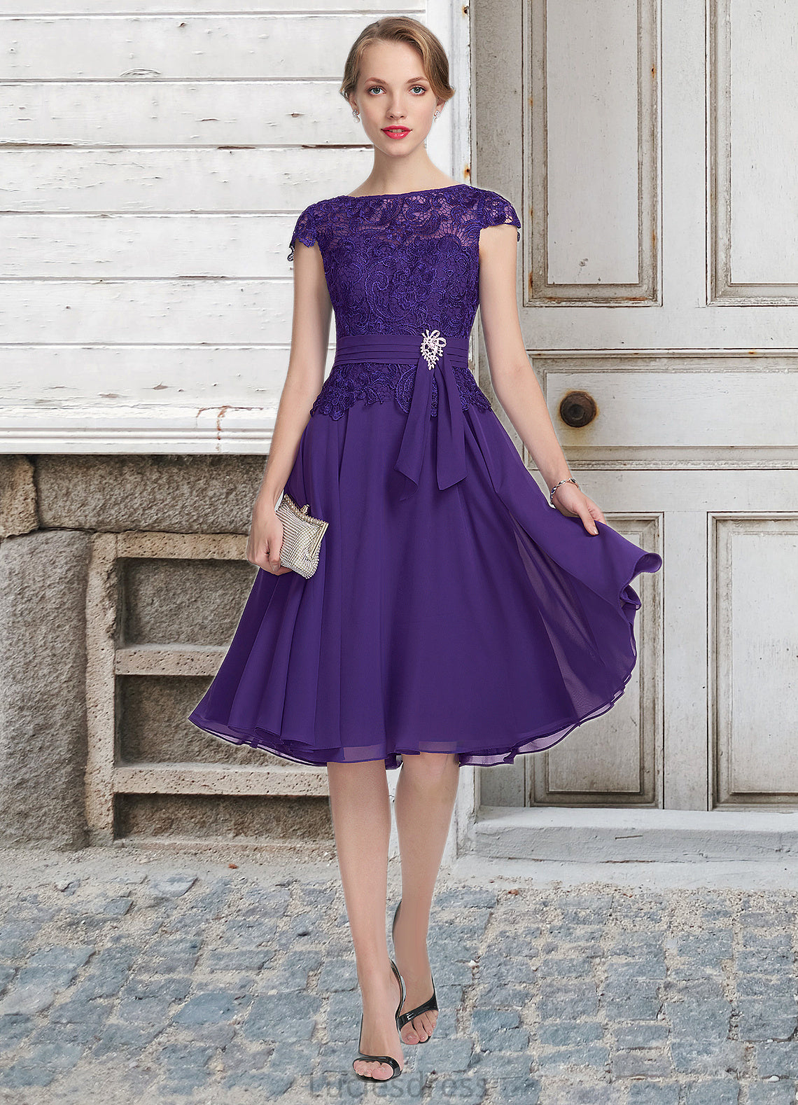 Makena A-Line Scoop Neck Knee-Length Chiffon Lace Mother of the Bride Dress With Beading HF126P0014814