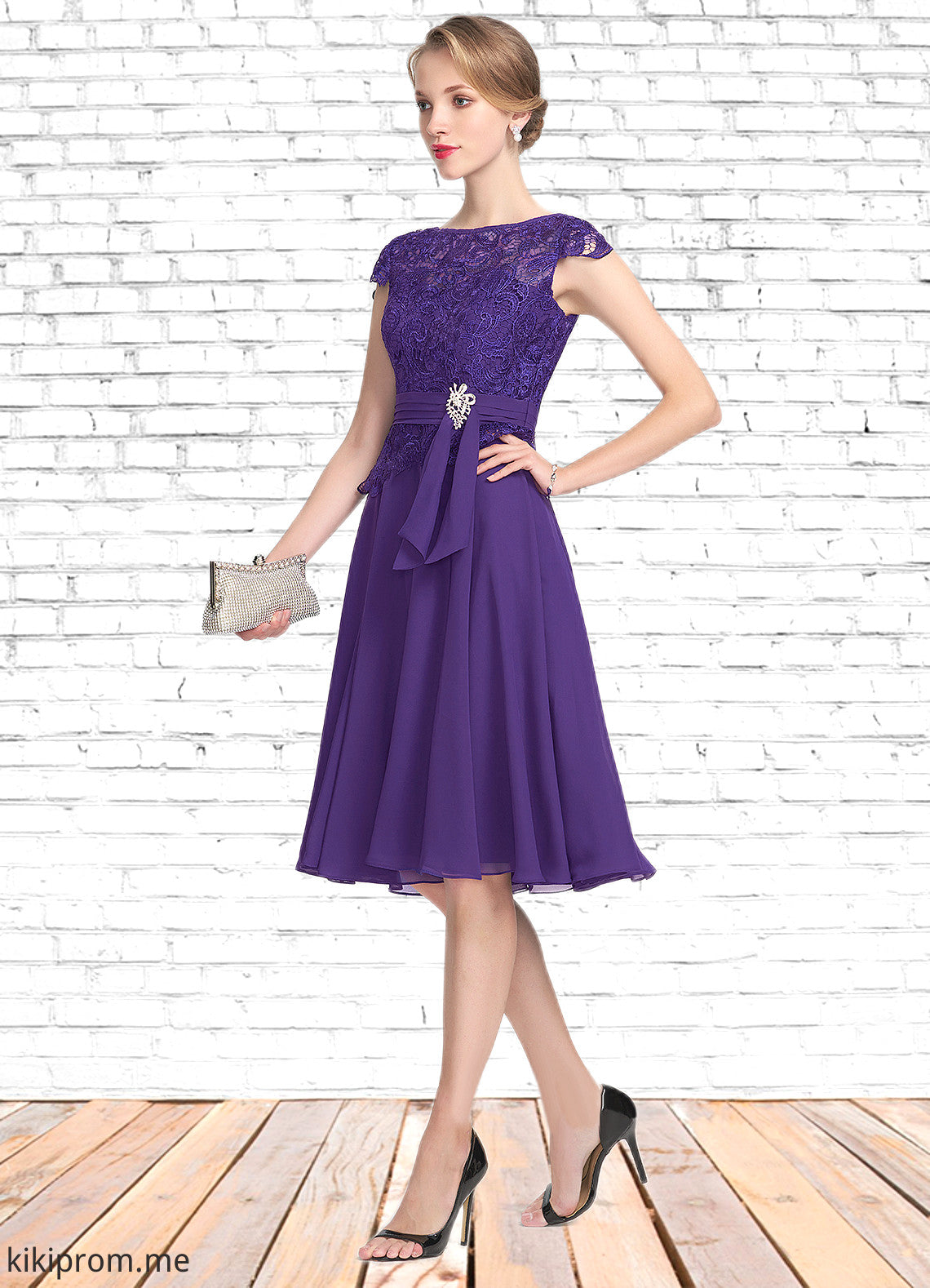 Alondra A-Line Scoop Neck Knee-Length Chiffon Lace Mother of the Bride Dress With Beading STF126P0014814