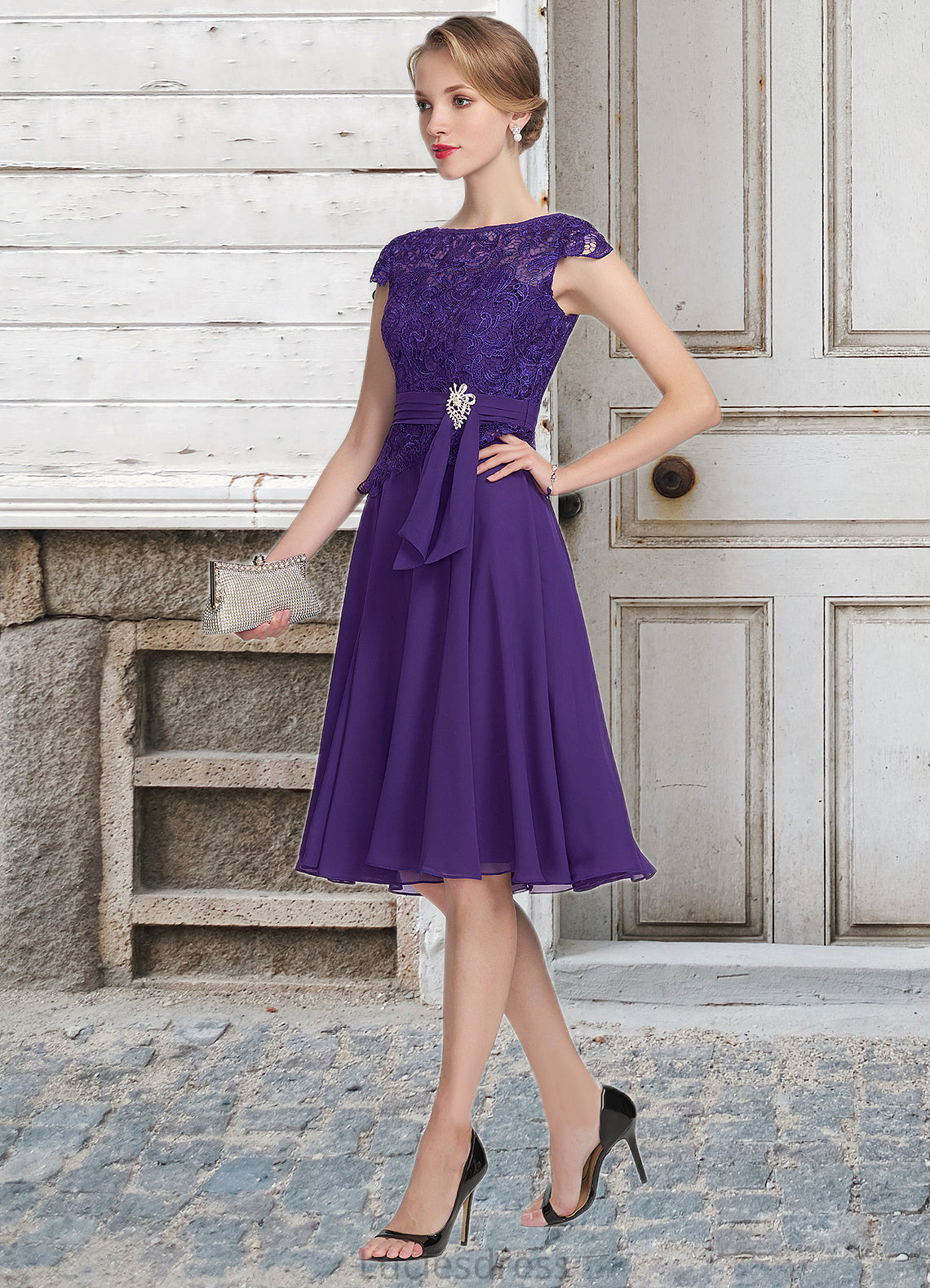 Makena A-Line Scoop Neck Knee-Length Chiffon Lace Mother of the Bride Dress With Beading HF126P0014814