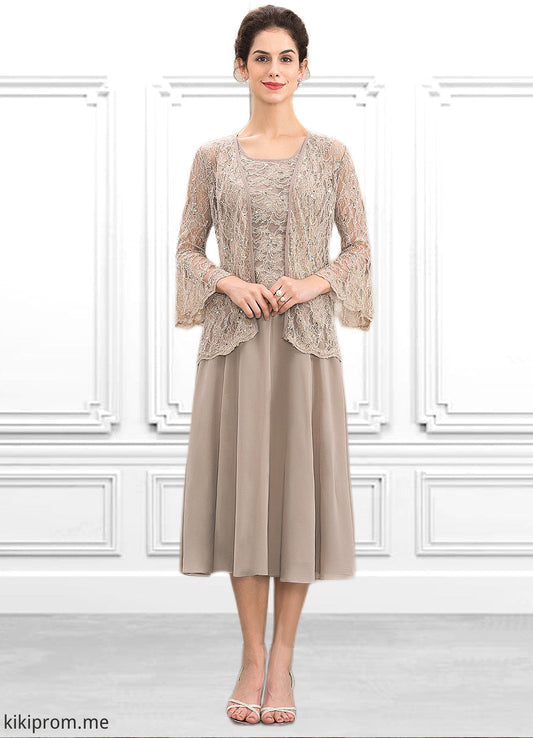 Aubrey A-Line Scoop Neck Tea-Length Chiffon Lace Mother of the Bride Dress With Sequins STF126P0014816