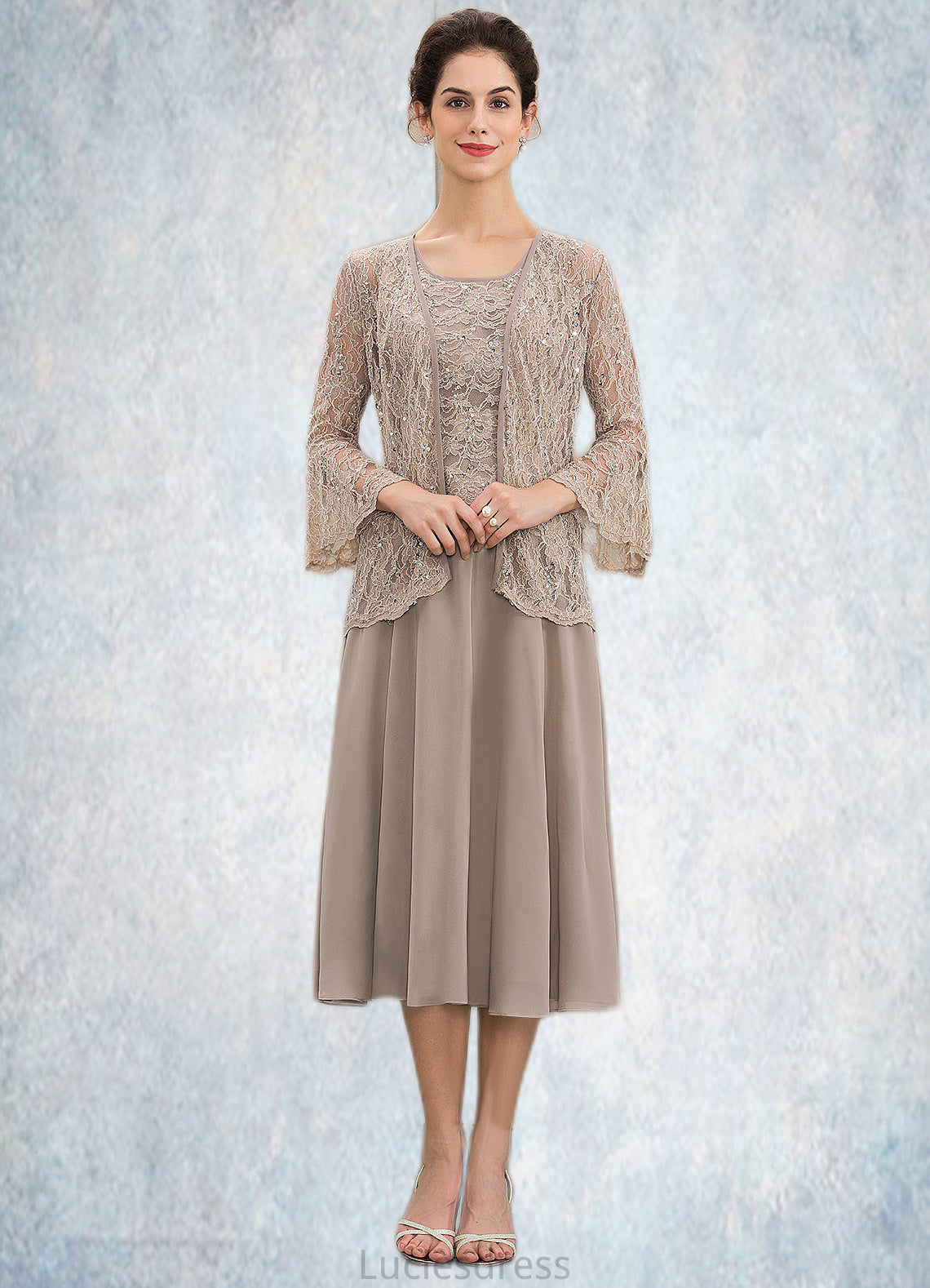 Ingrid A-Line Scoop Neck Tea-Length Chiffon Lace Mother of the Bride Dress With Sequins HF126P0014816