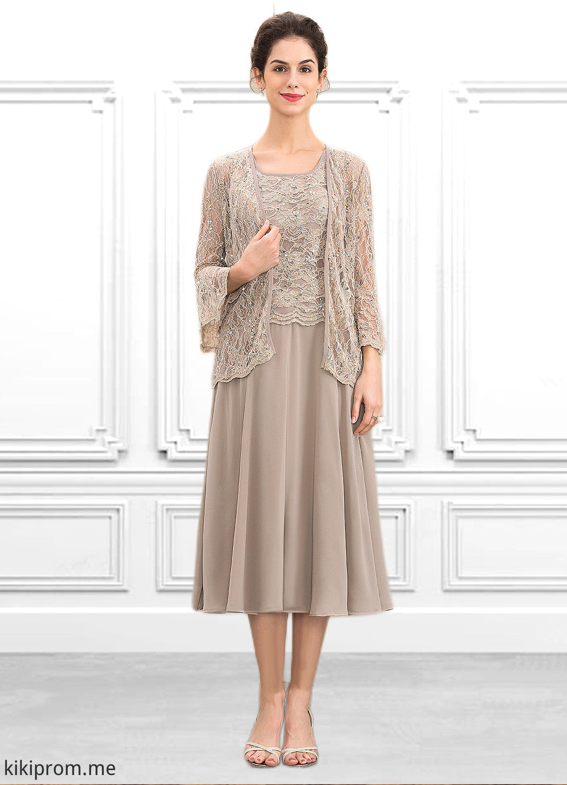 Aubrey A-Line Scoop Neck Tea-Length Chiffon Lace Mother of the Bride Dress With Sequins STF126P0014816