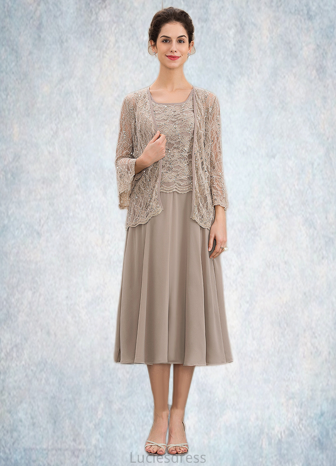 Ingrid A-Line Scoop Neck Tea-Length Chiffon Lace Mother of the Bride Dress With Sequins HF126P0014816