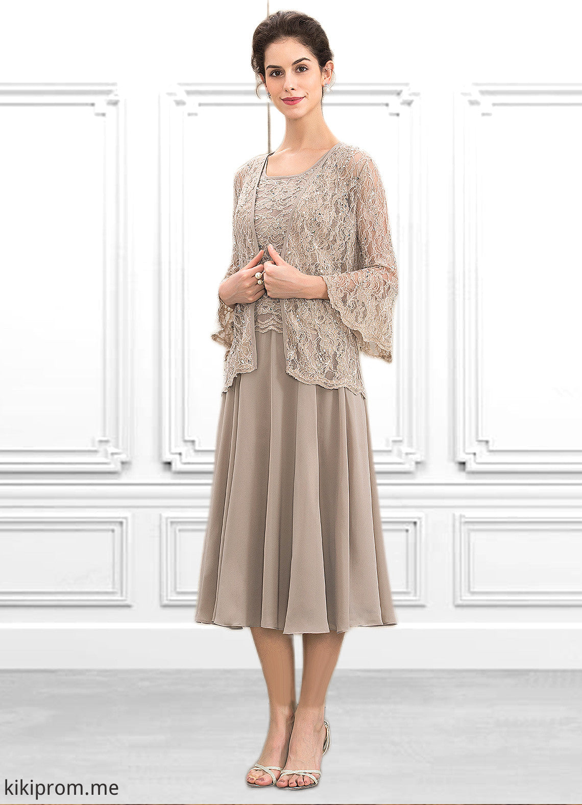 Aubrey A-Line Scoop Neck Tea-Length Chiffon Lace Mother of the Bride Dress With Sequins STF126P0014816