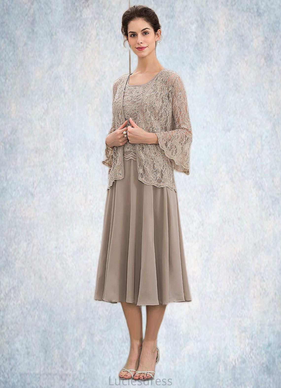 Ingrid A-Line Scoop Neck Tea-Length Chiffon Lace Mother of the Bride Dress With Sequins HF126P0014816