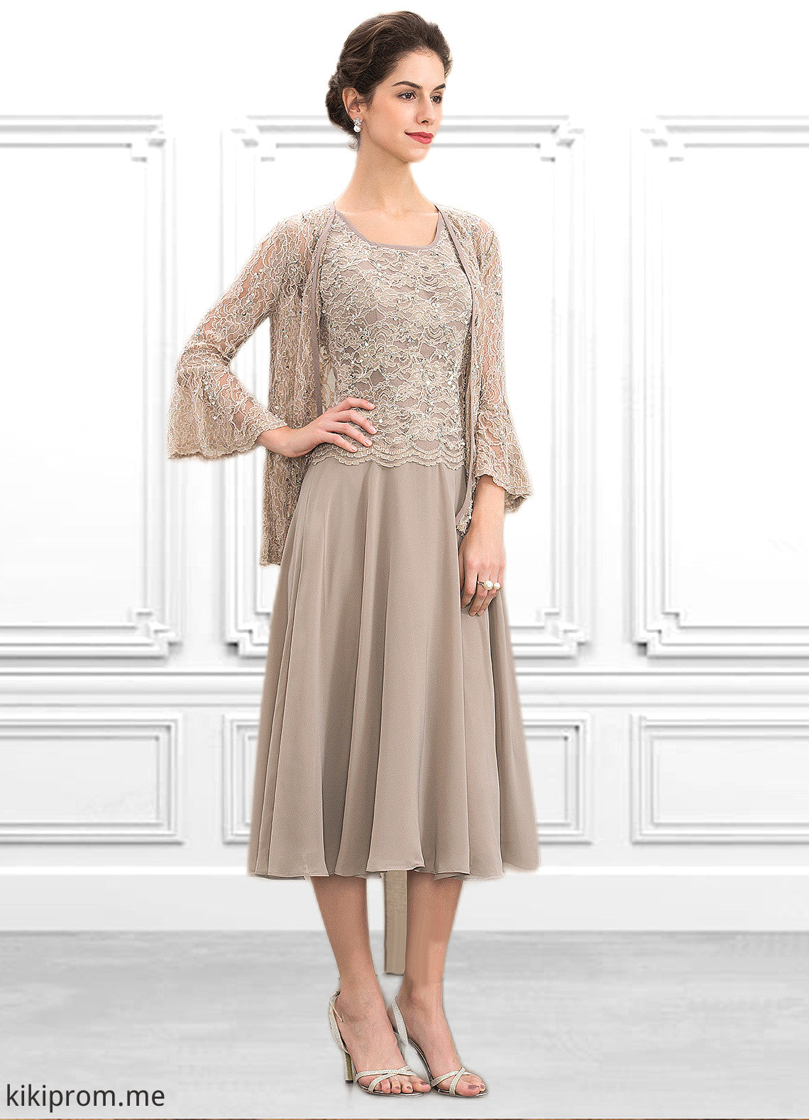 Aubrey A-Line Scoop Neck Tea-Length Chiffon Lace Mother of the Bride Dress With Sequins STF126P0014816