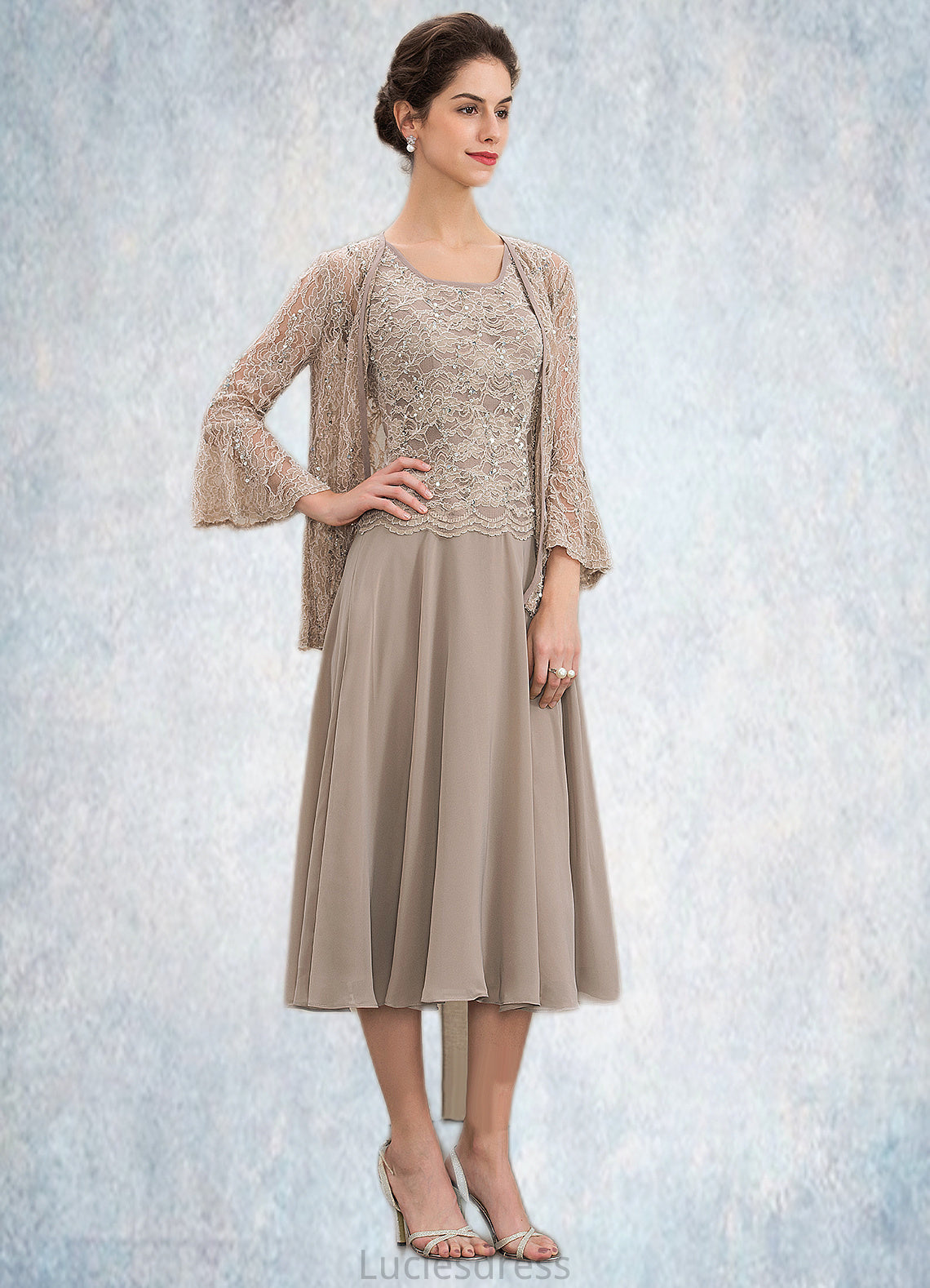 Ingrid A-Line Scoop Neck Tea-Length Chiffon Lace Mother of the Bride Dress With Sequins HF126P0014816