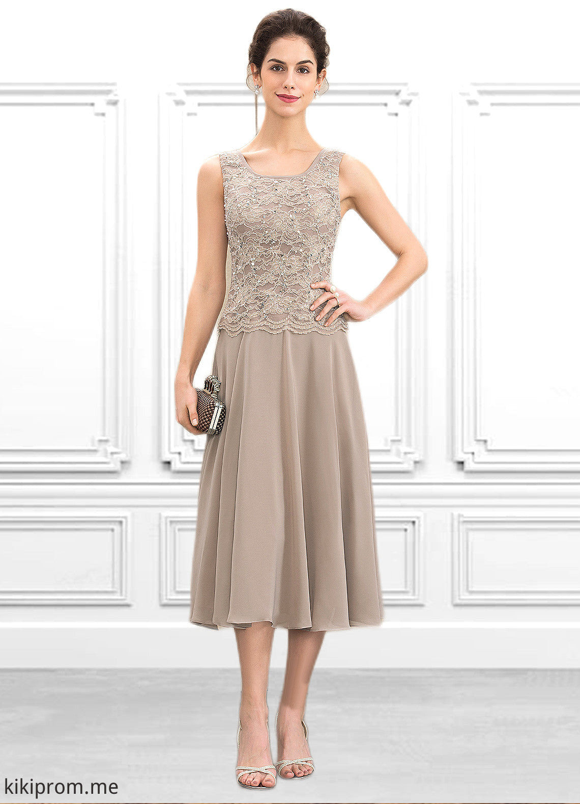 Aubrey A-Line Scoop Neck Tea-Length Chiffon Lace Mother of the Bride Dress With Sequins STF126P0014816