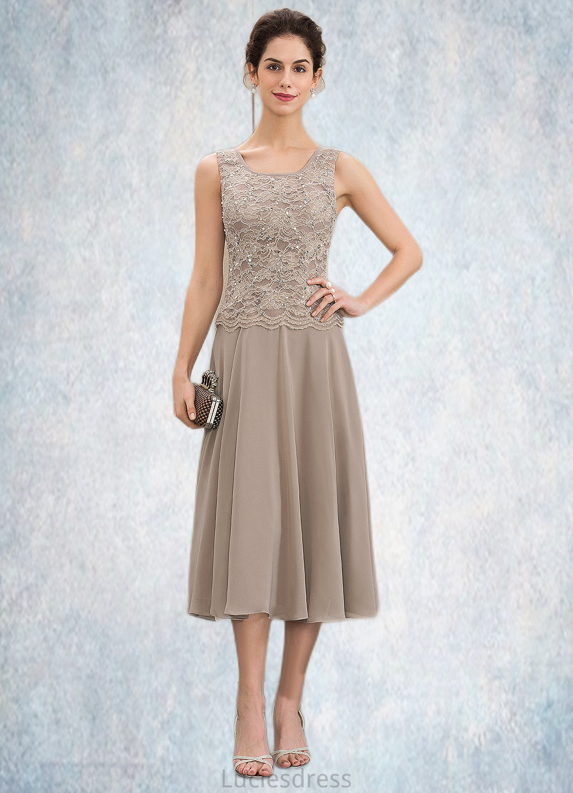 Ingrid A-Line Scoop Neck Tea-Length Chiffon Lace Mother of the Bride Dress With Sequins HF126P0014816