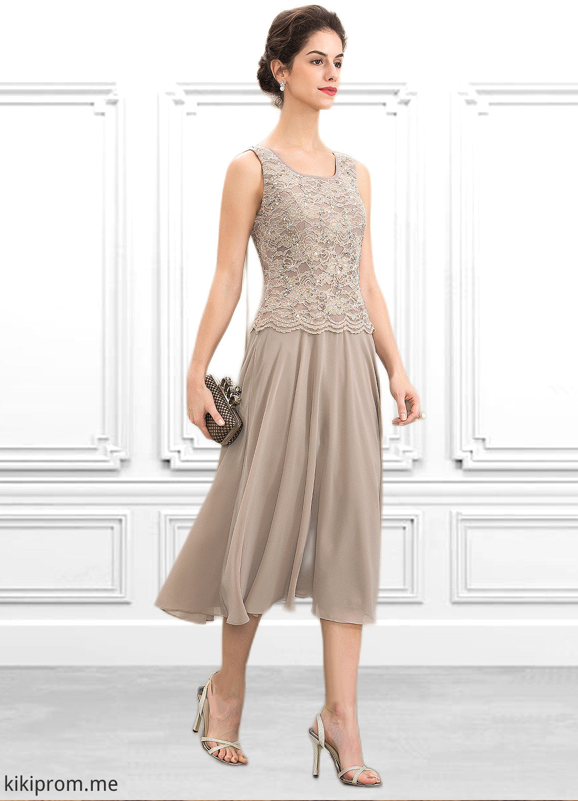 Aubrey A-Line Scoop Neck Tea-Length Chiffon Lace Mother of the Bride Dress With Sequins STF126P0014816