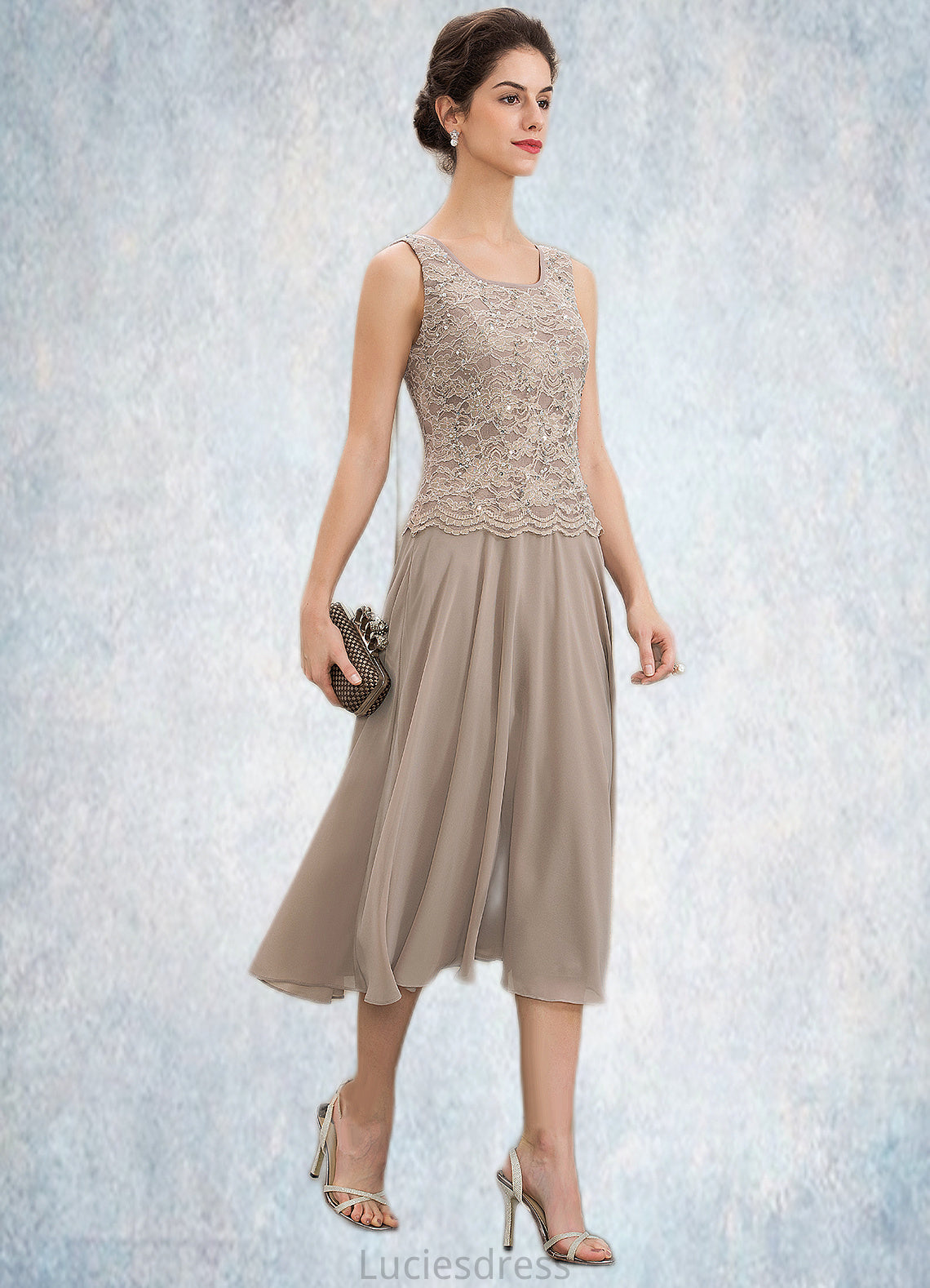 Ingrid A-Line Scoop Neck Tea-Length Chiffon Lace Mother of the Bride Dress With Sequins HF126P0014816