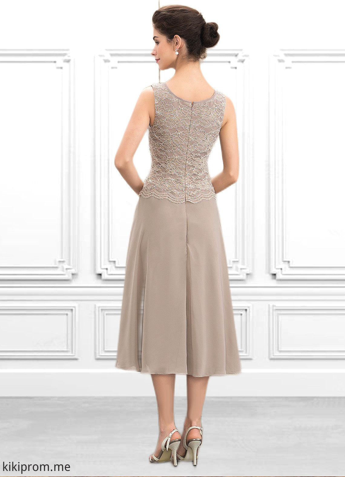 Aubrey A-Line Scoop Neck Tea-Length Chiffon Lace Mother of the Bride Dress With Sequins STF126P0014816