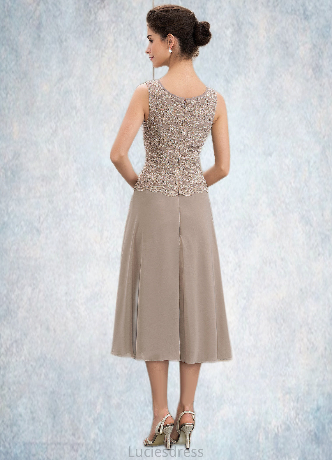 Ingrid A-Line Scoop Neck Tea-Length Chiffon Lace Mother of the Bride Dress With Sequins HF126P0014816